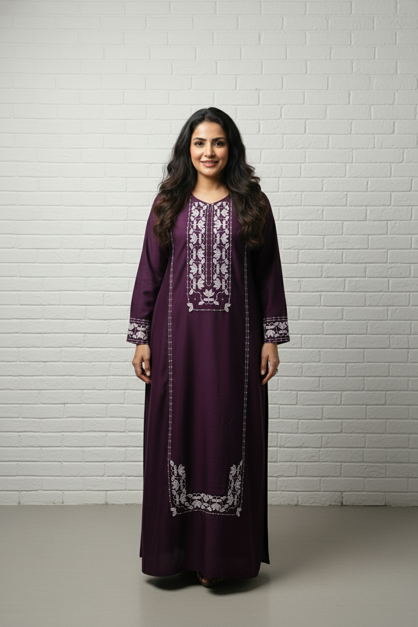 Plum Embroidered Satin Kaftan
