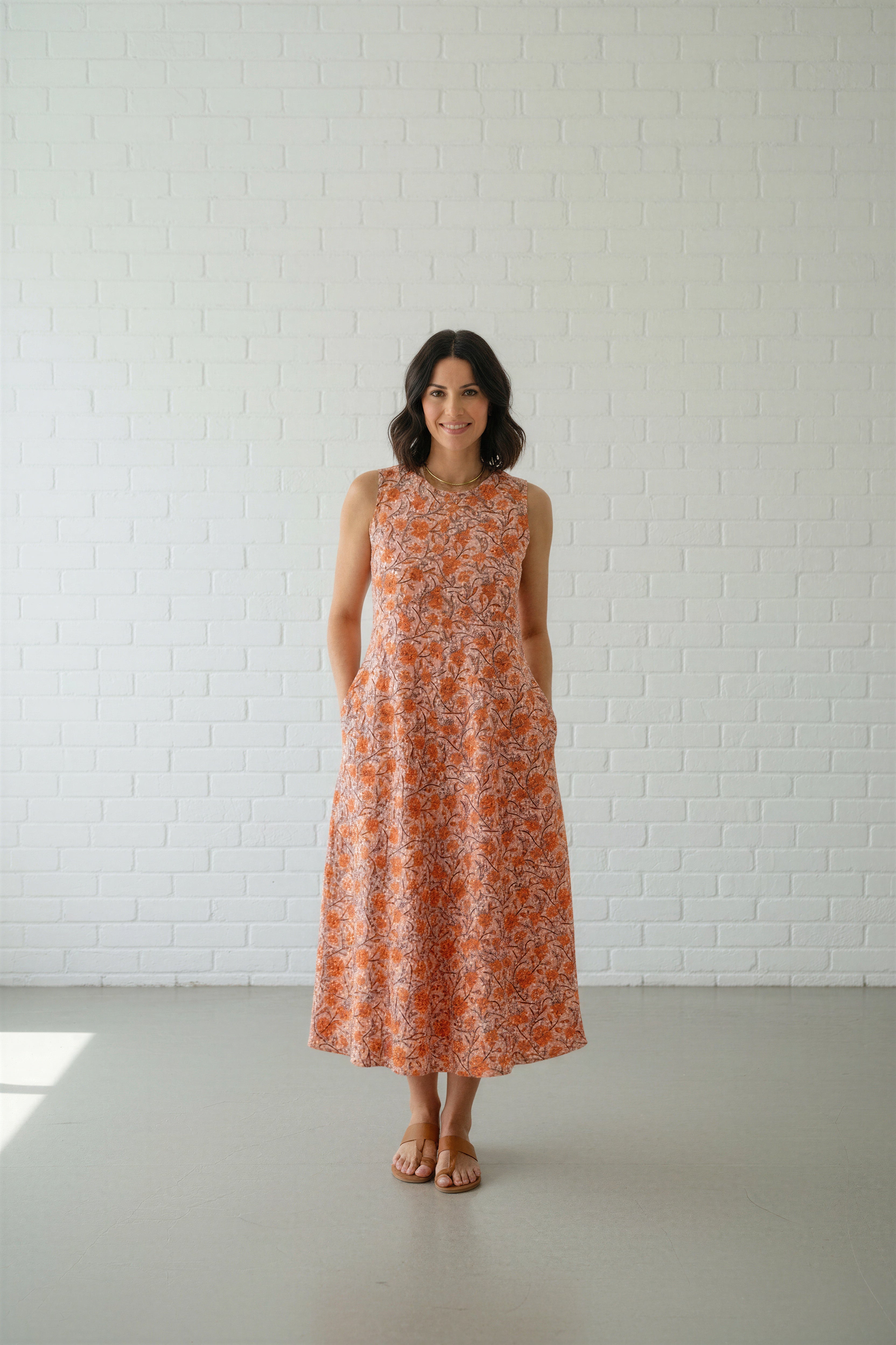 Orange Flower Print Flare Dress — Ease of Wear Dubai
