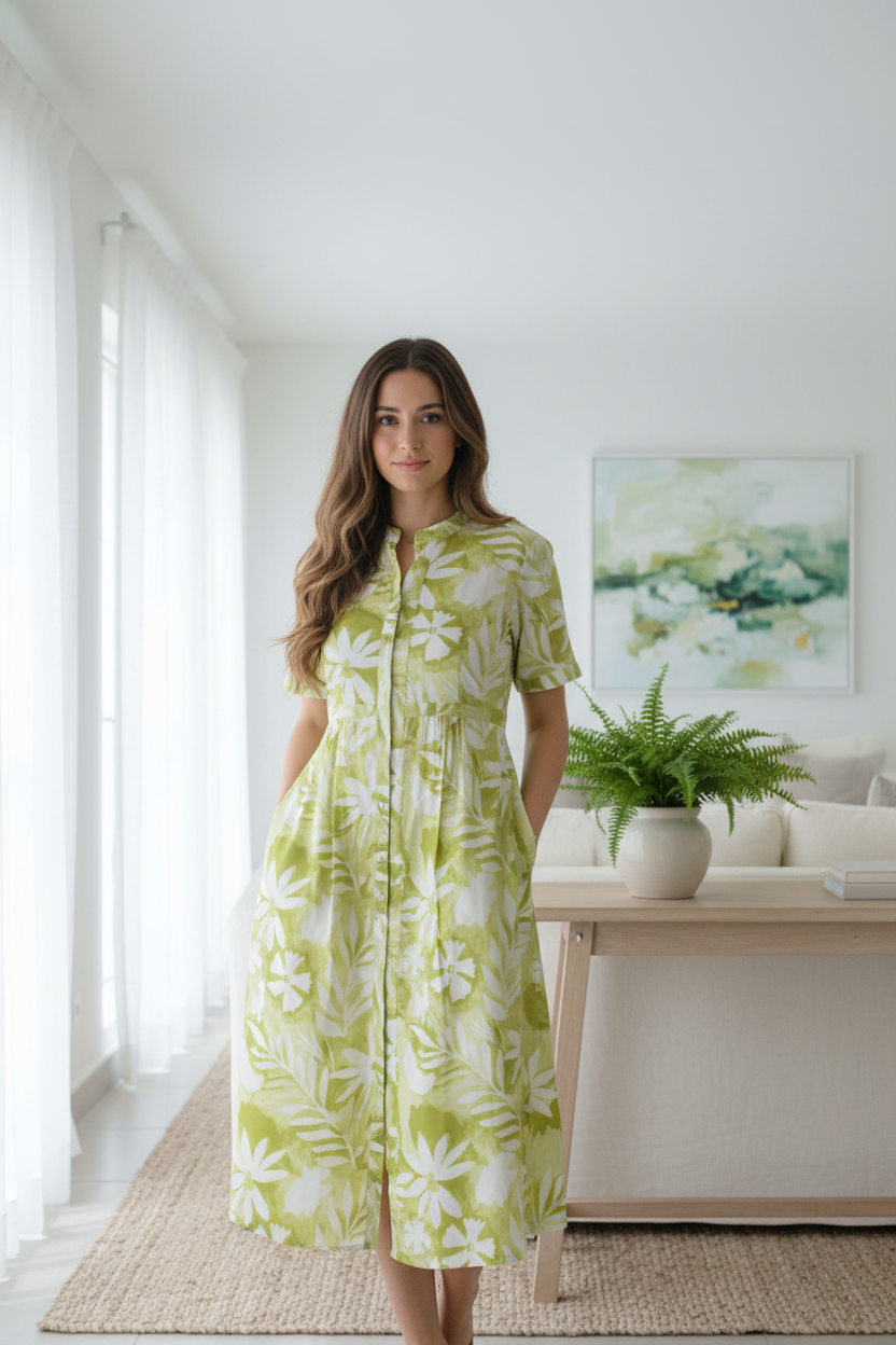 Green Cotton Muslin Midi Dress