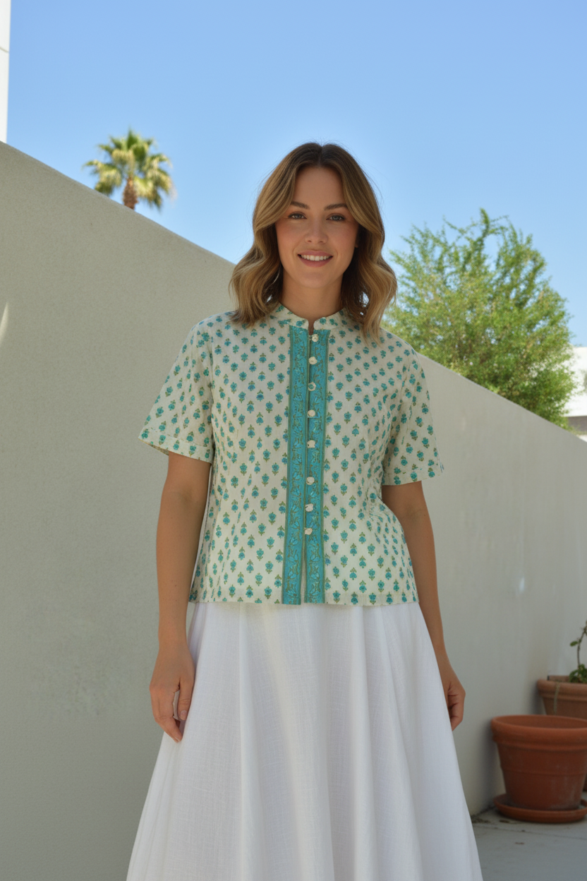 Aqua Meadow Button-Front Top
