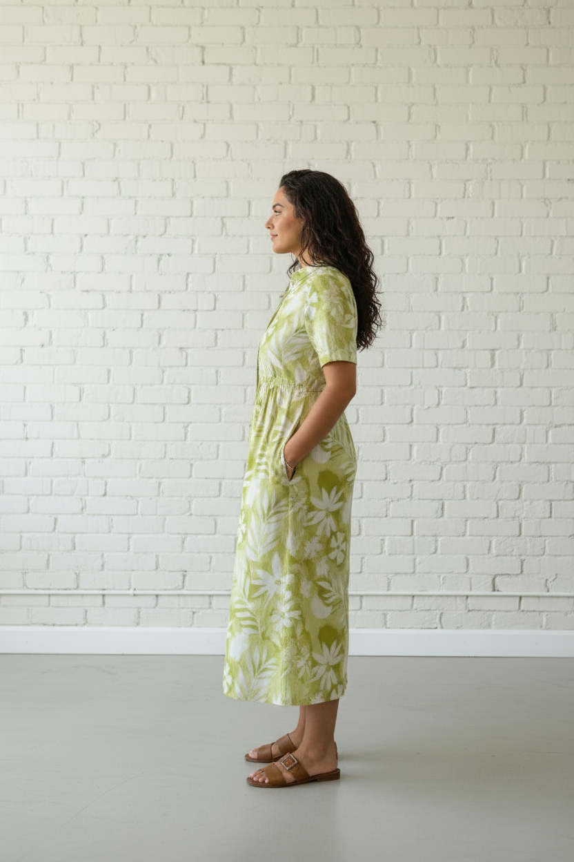 Green Cotton Muslin Midi Dress
