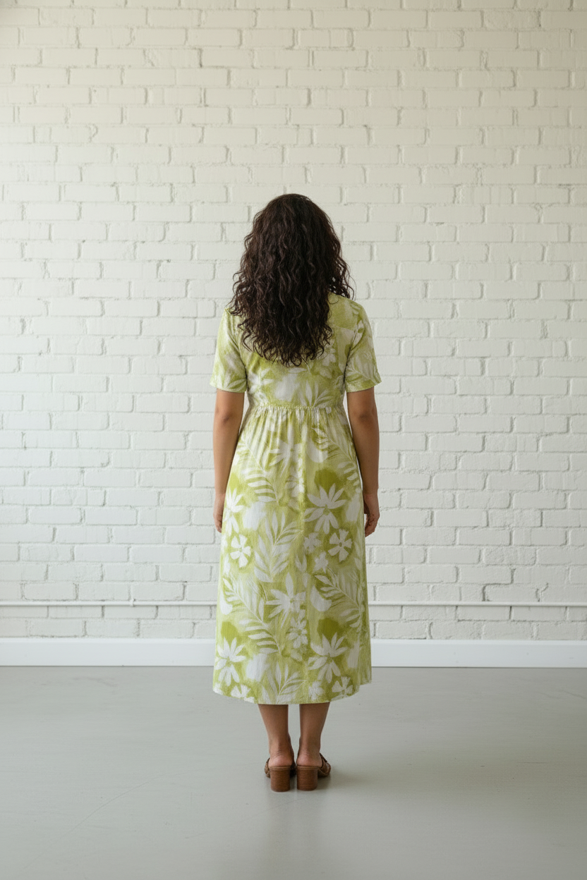 Green Cotton Muslin Midi Dress