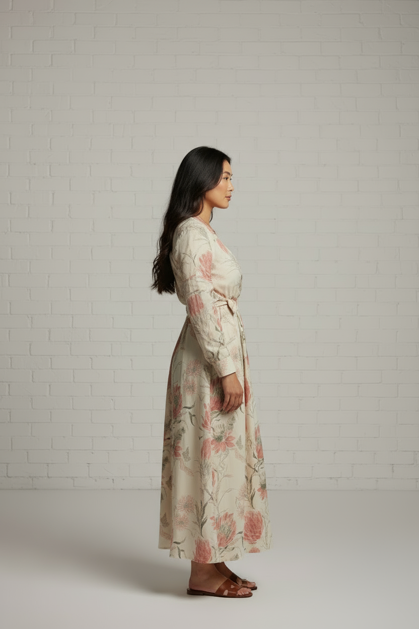 Oatmeal Floral Print V Neck Dress