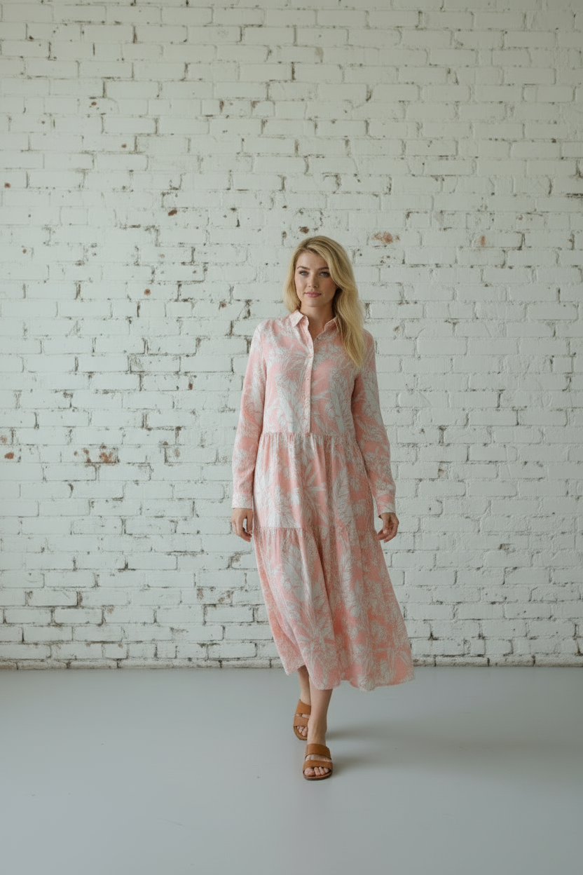 Peach Printed Cotton Muslin Long Dress