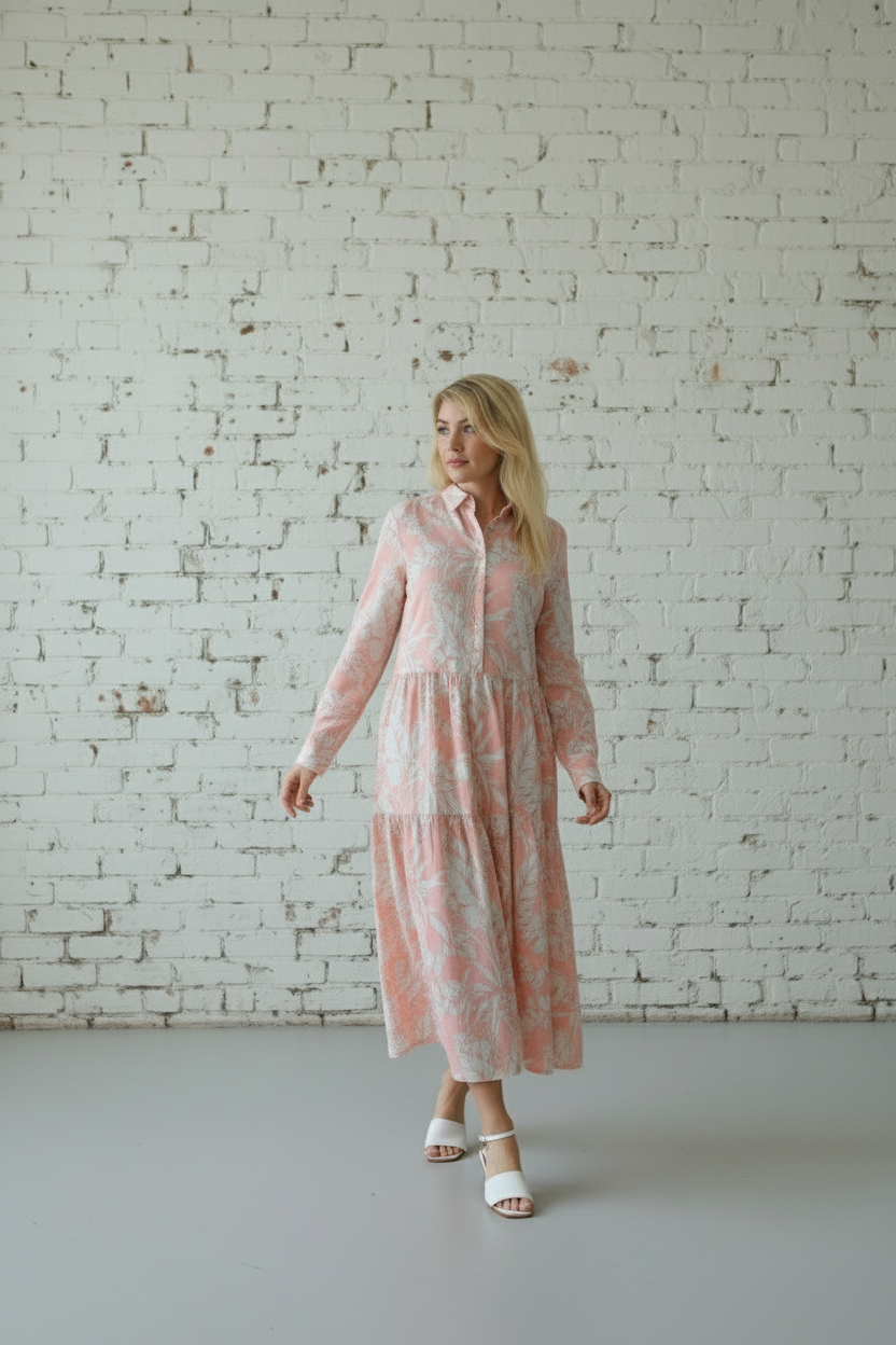 Peach Printed Cotton Muslin Long Dress