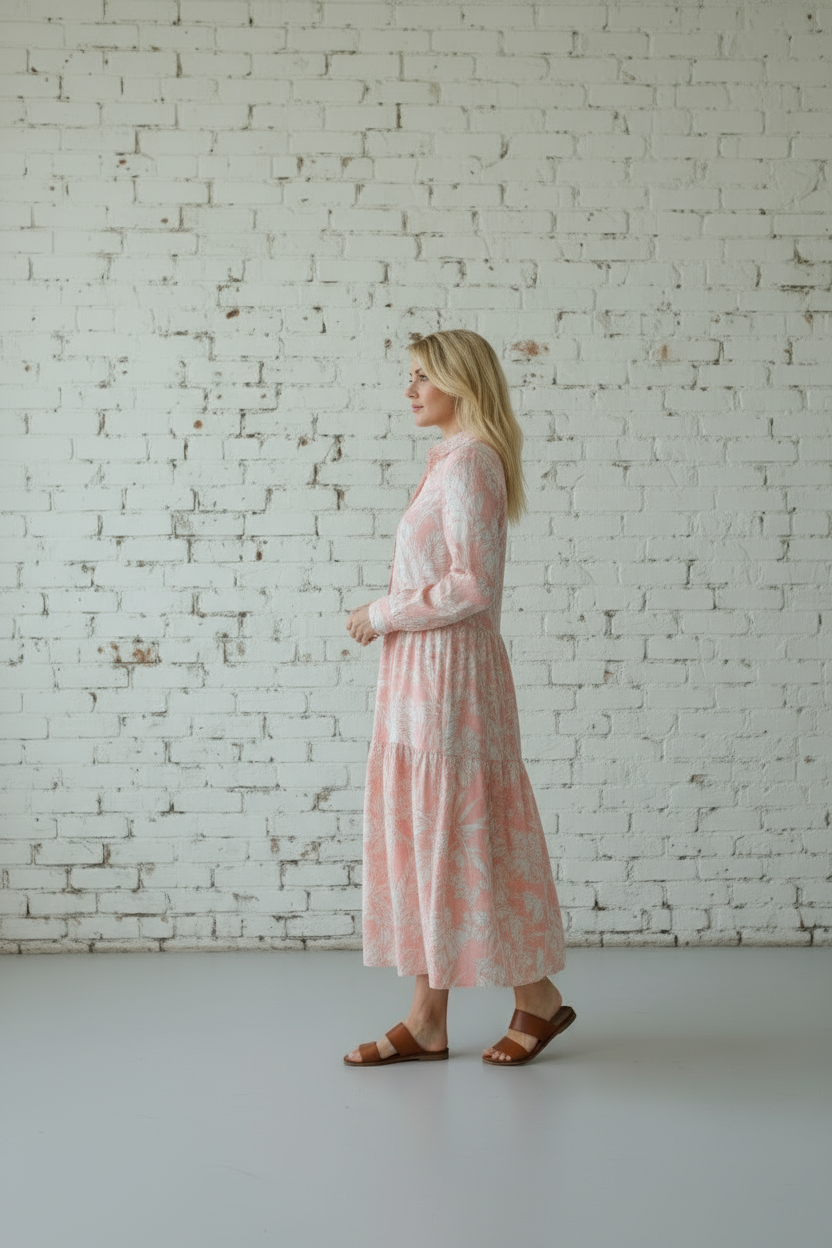 Peach Printed Cotton Muslin Long Dress