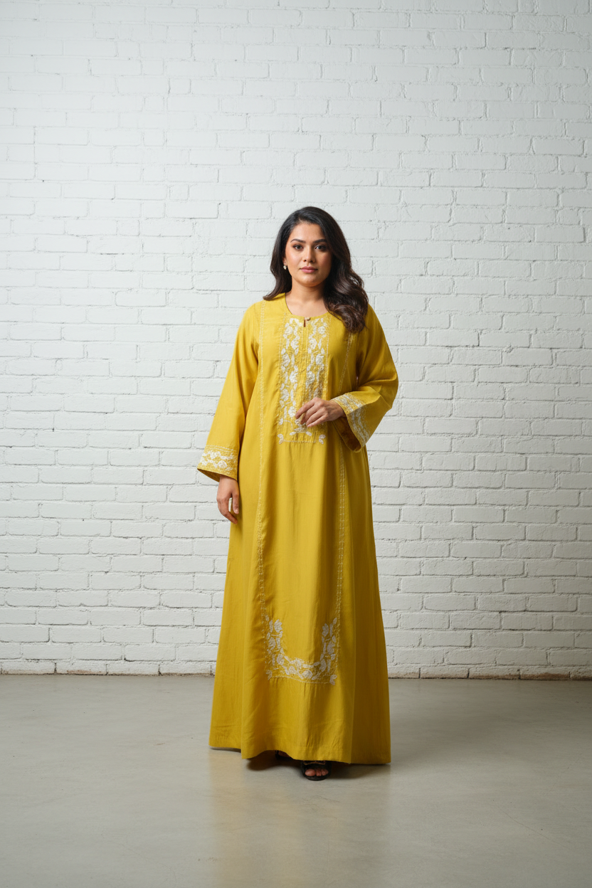 Mustard embroidered satin kaftan dress Dubai — Ease of Wear