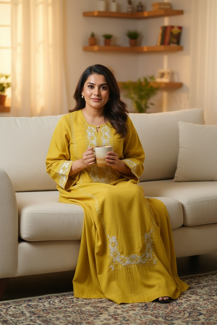 Mustard Embroidered Satin Kaftan