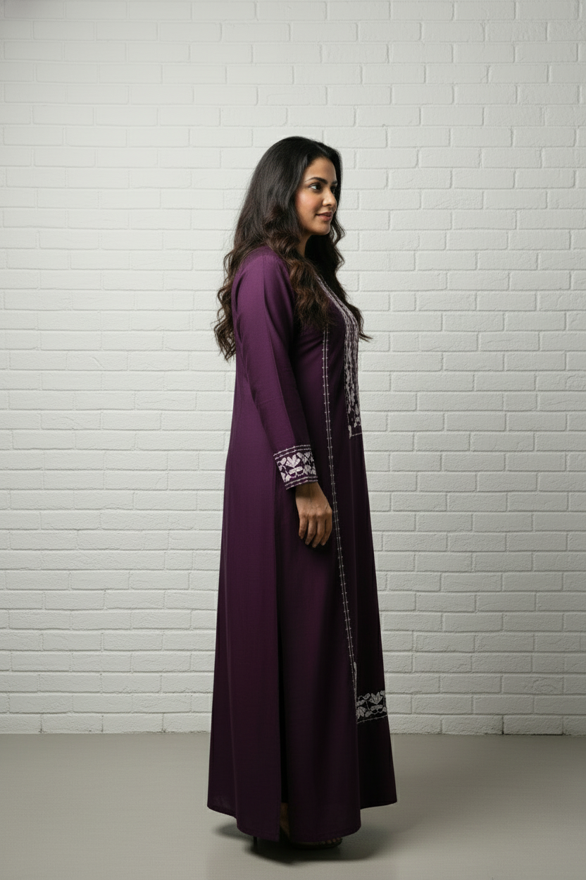 Plum embroidered satin kaftan dress Dubai — Ease of Wear