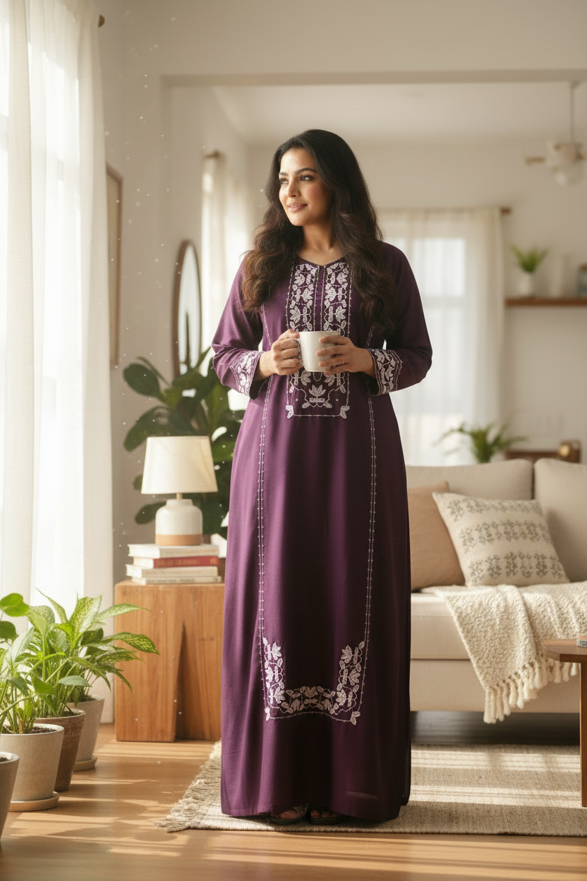 Plum Embroidered Satin Kaftan