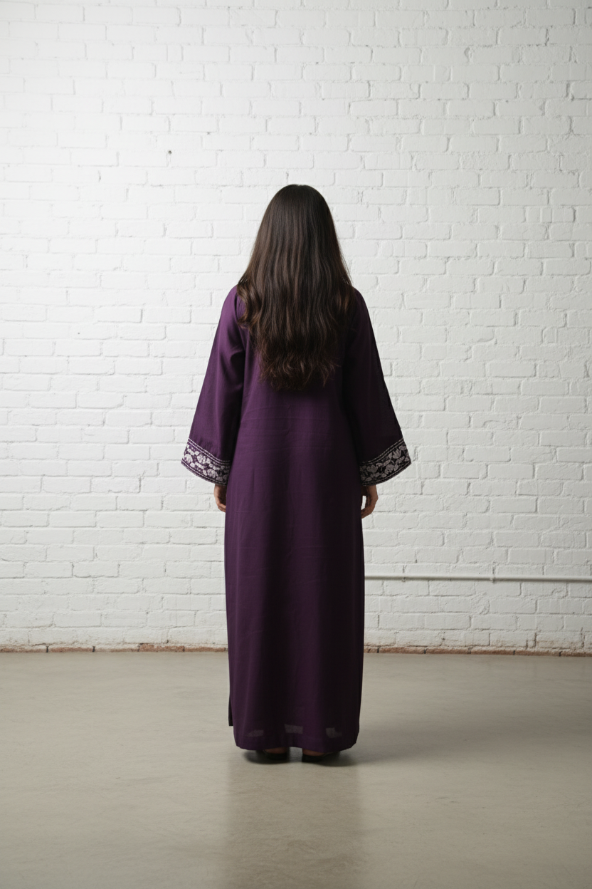 Plum embroidered satin kaftan dress for women Dubai — Ease of Wear
