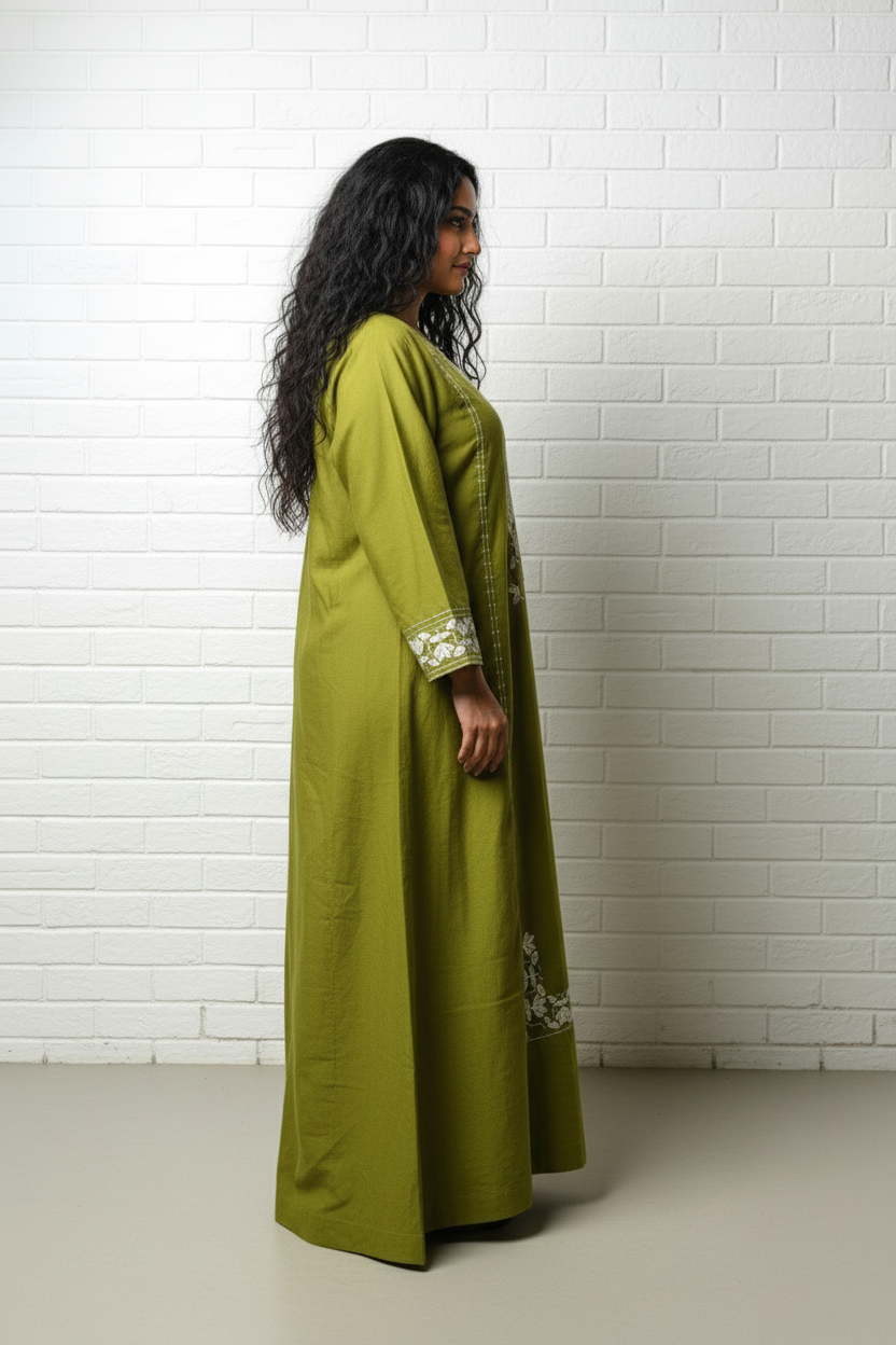 Olive Embroidered Satin Kaftan