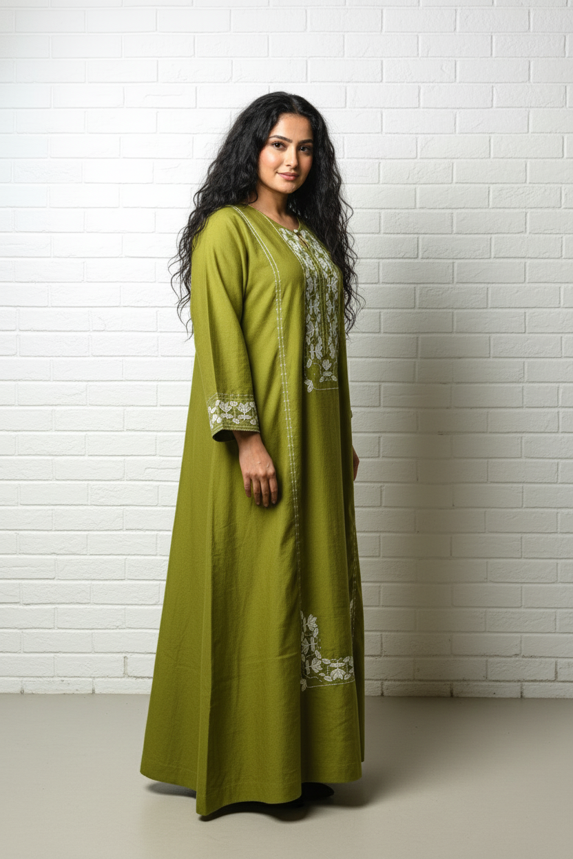 Olive Embroidered Satin Kaftan