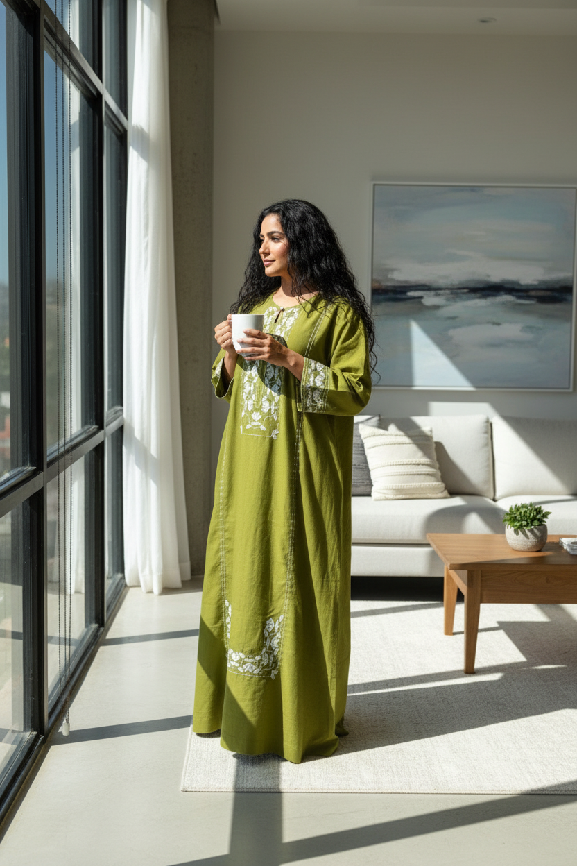 Olive Embroidered Satin Kaftan