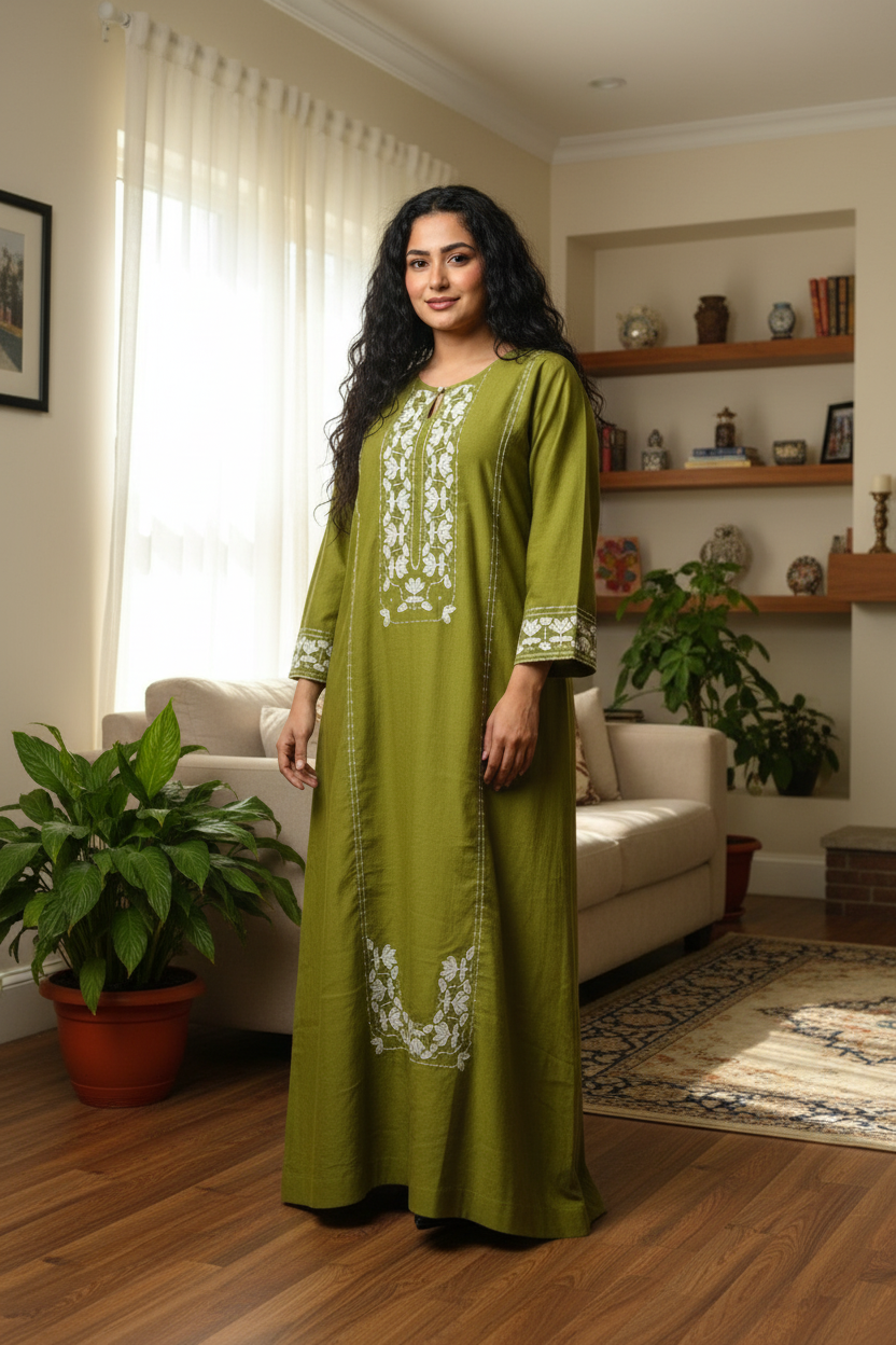 Olive Embroidered Satin Kaftan