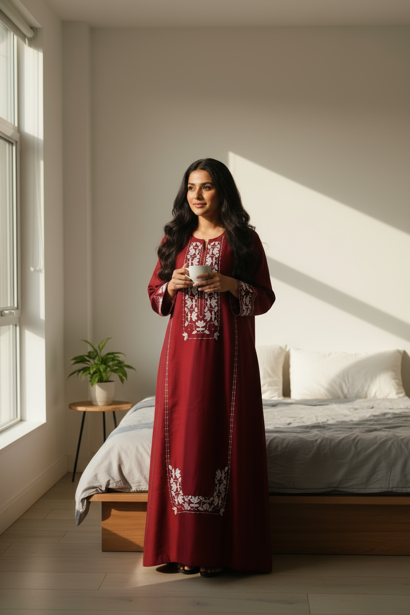 Maroon Embroidered Satin Kaftan