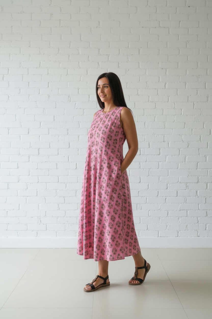 Pink Floral Print Flare Dress