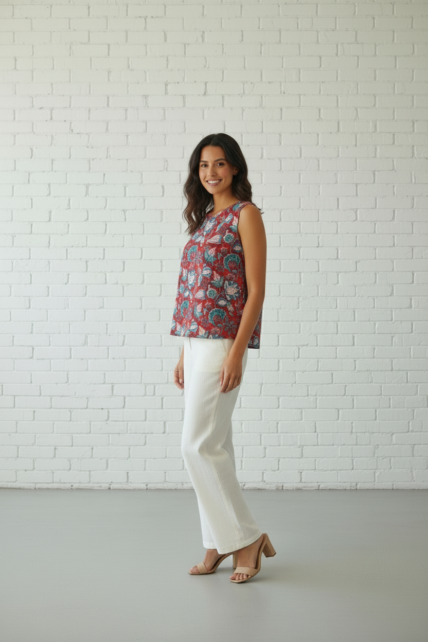 Ruby Garden cotton top in rich red — Ease of Wear Dubai