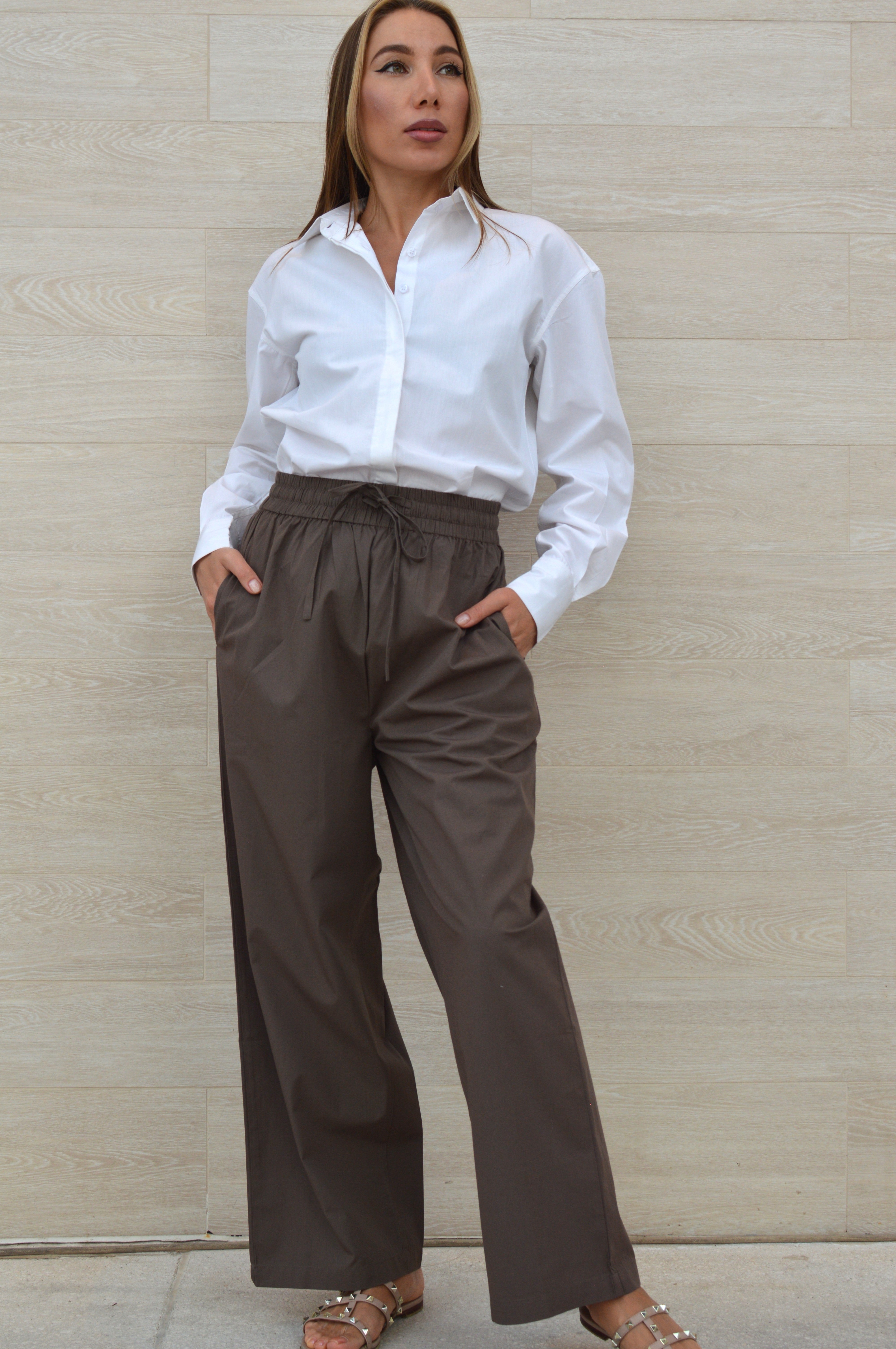 BROWN PANT WIDE-LEG ELASTIC WAISTBAND