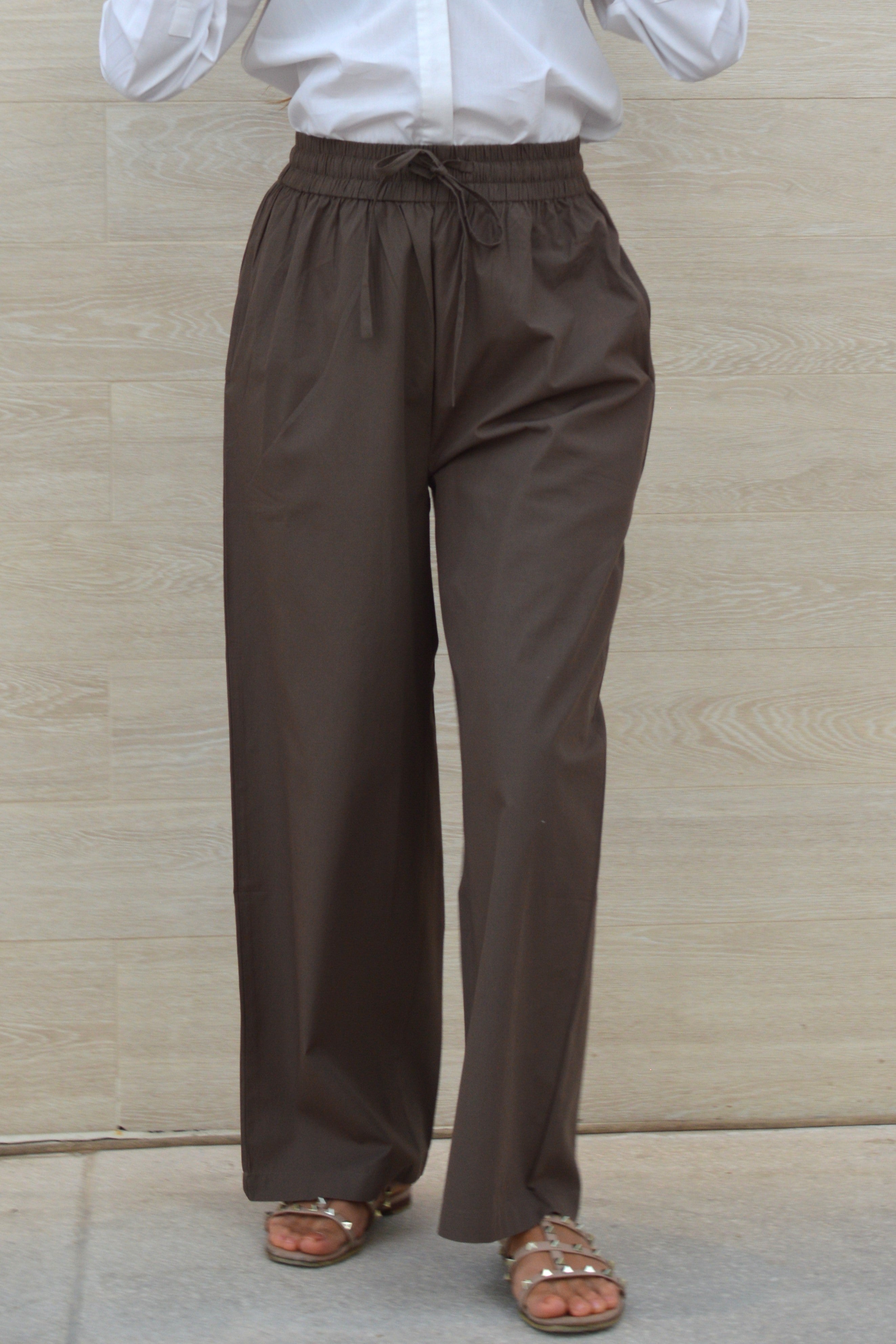 BROWN PANT WIDE-LEG ELASTIC WAISTBAND