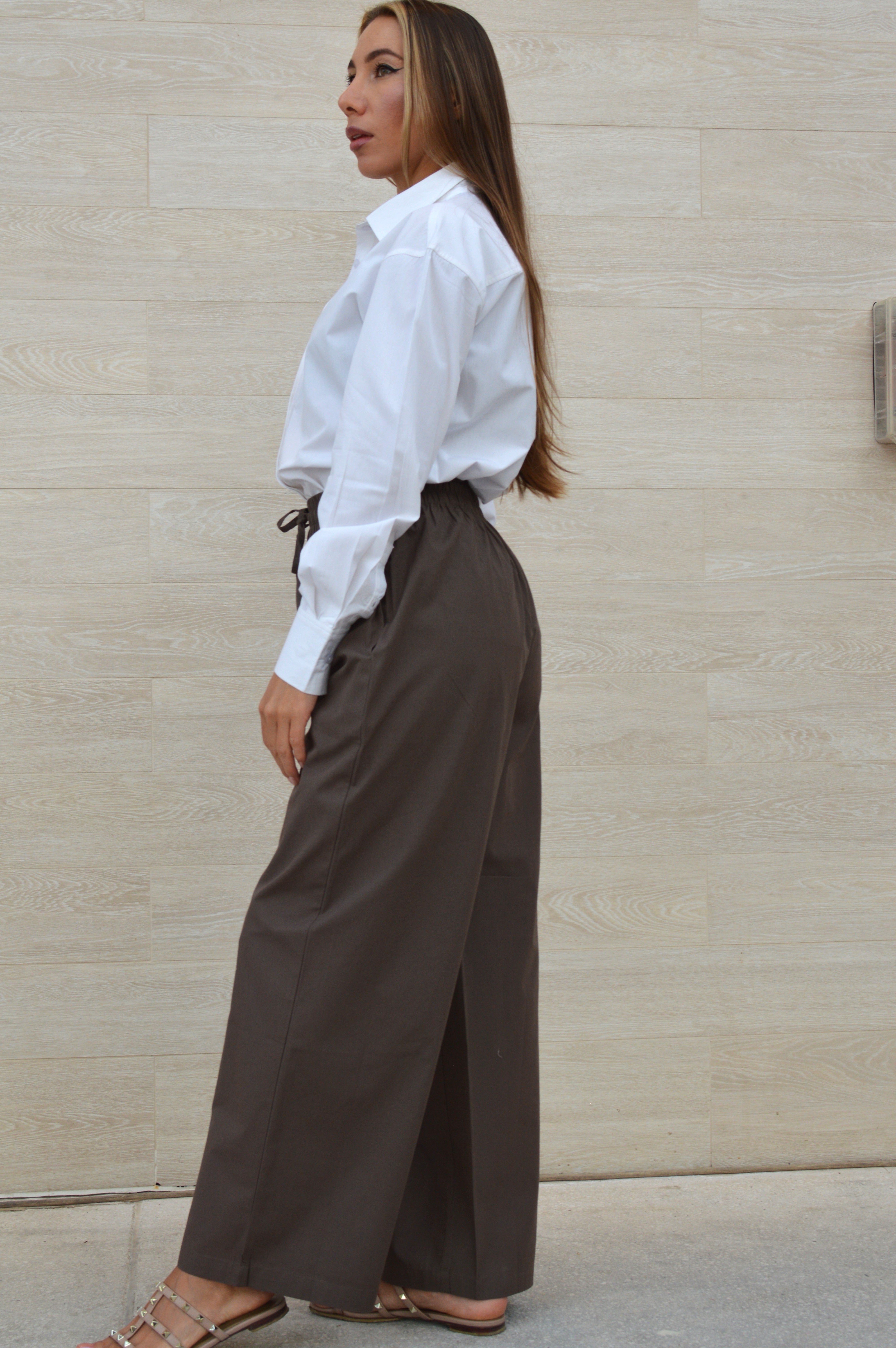 BROWN PANT WIDE-LEG ELASTIC WAISTBAND