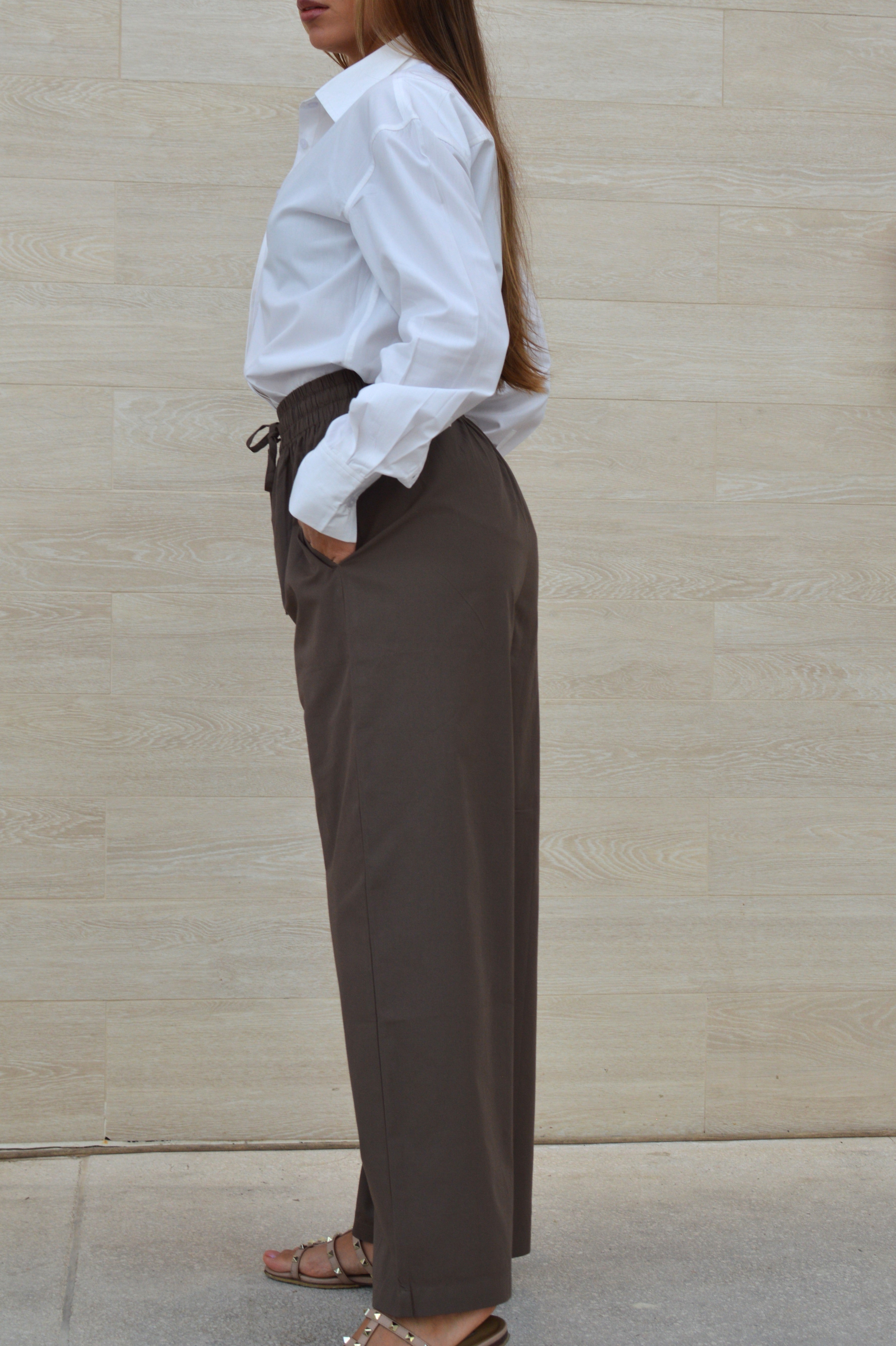 BROWN PANT WIDE-LEG ELASTIC WAISTBAND