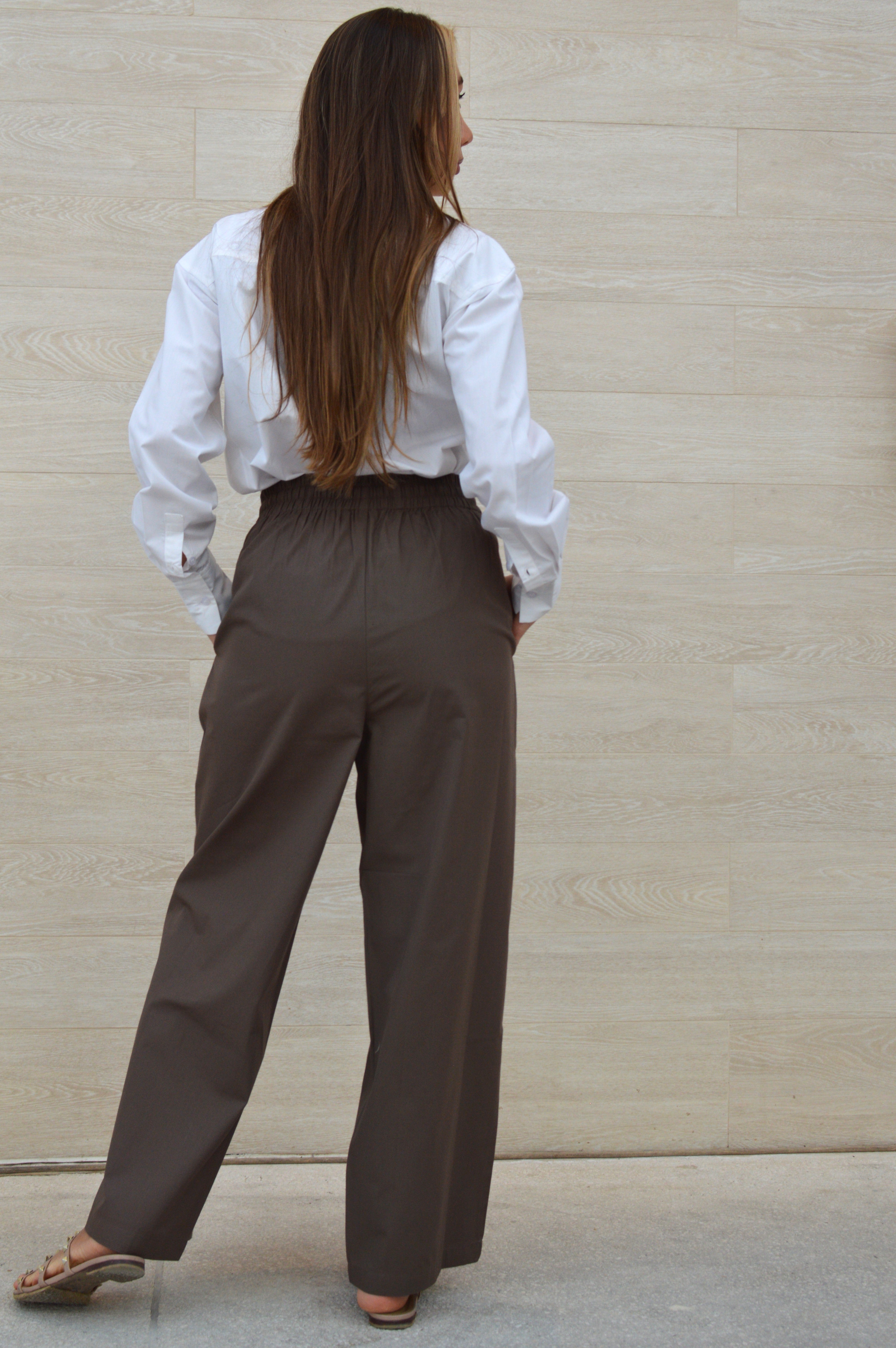 BROWN PANT WIDE-LEG ELASTIC WAISTBAND