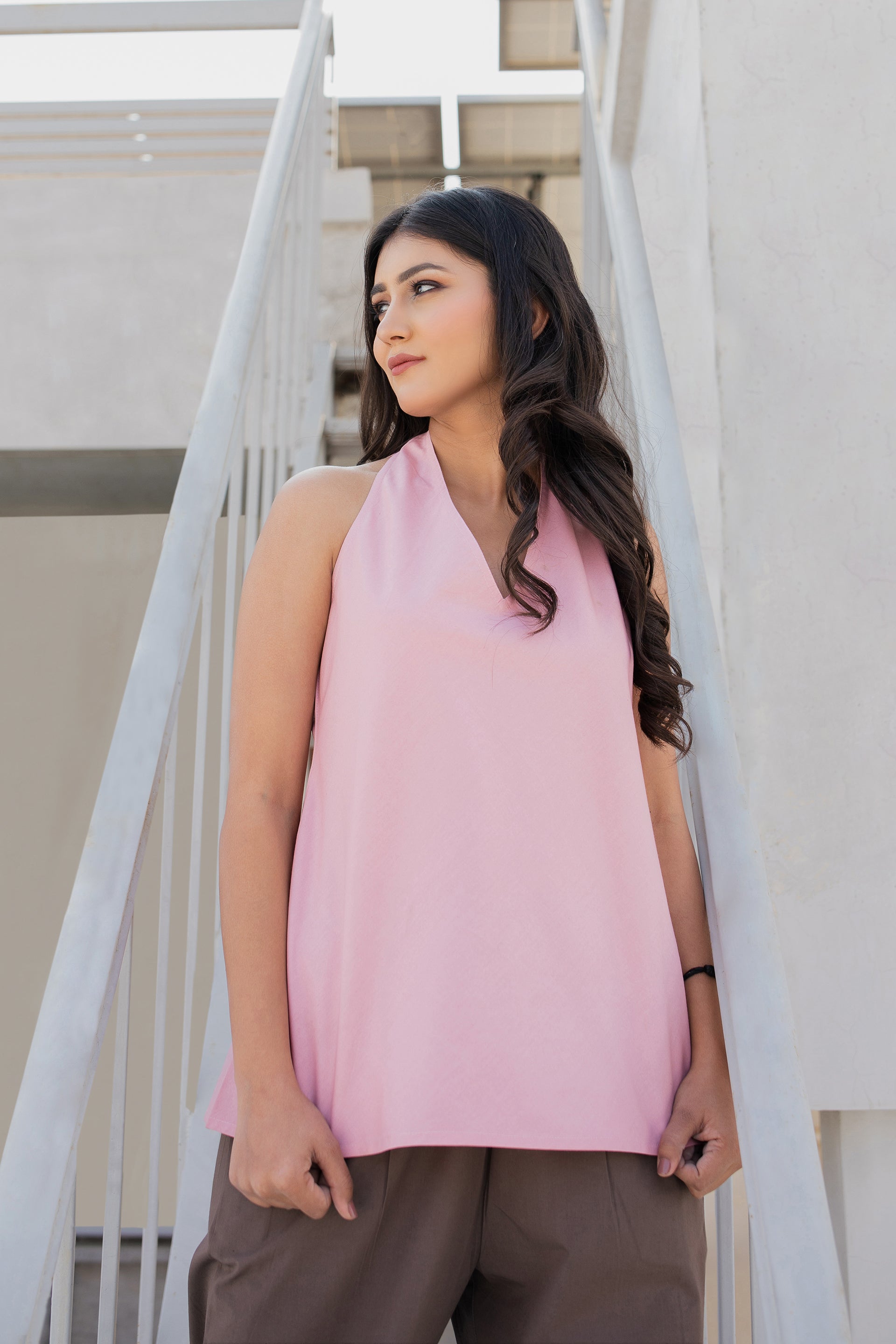 HALTER NECK TOP PINK POPLIN