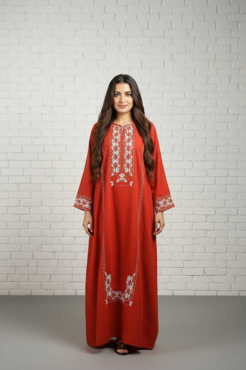 Burnt Orange Embroidered Satin Kaftan
