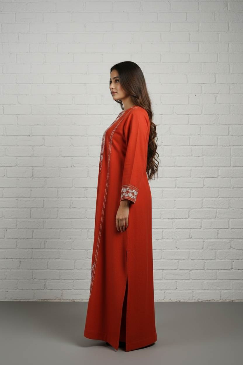 Burnt Orange Embroidered Satin Kaftan UAE