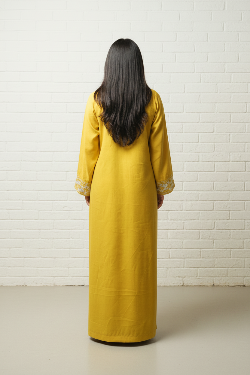 Mustard embroidered satin kaftan dress Dubai — Ease of Wear