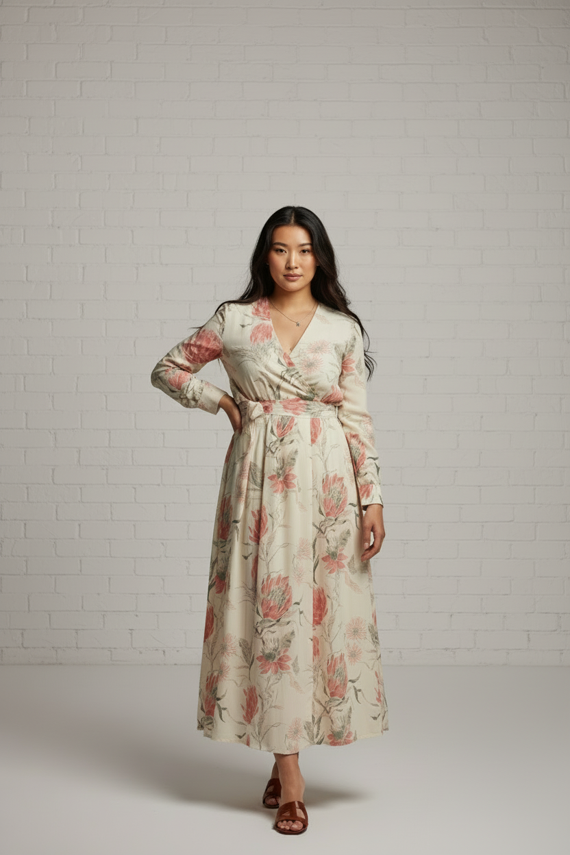 Oatmeal Floral Print V Neck Dress