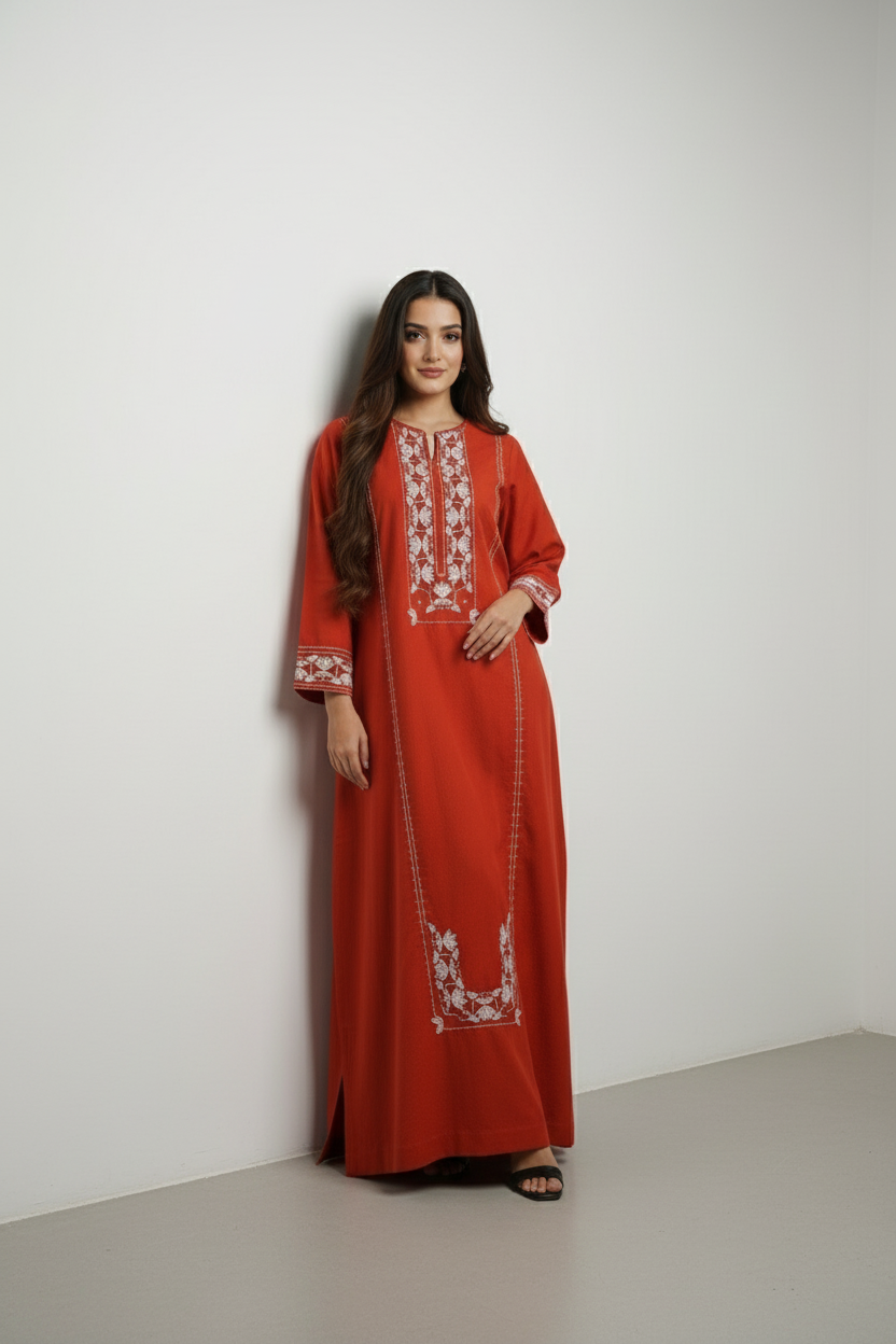 Burnt Orange Embroidered Satin Kaftan Dubai — Ease of Wear