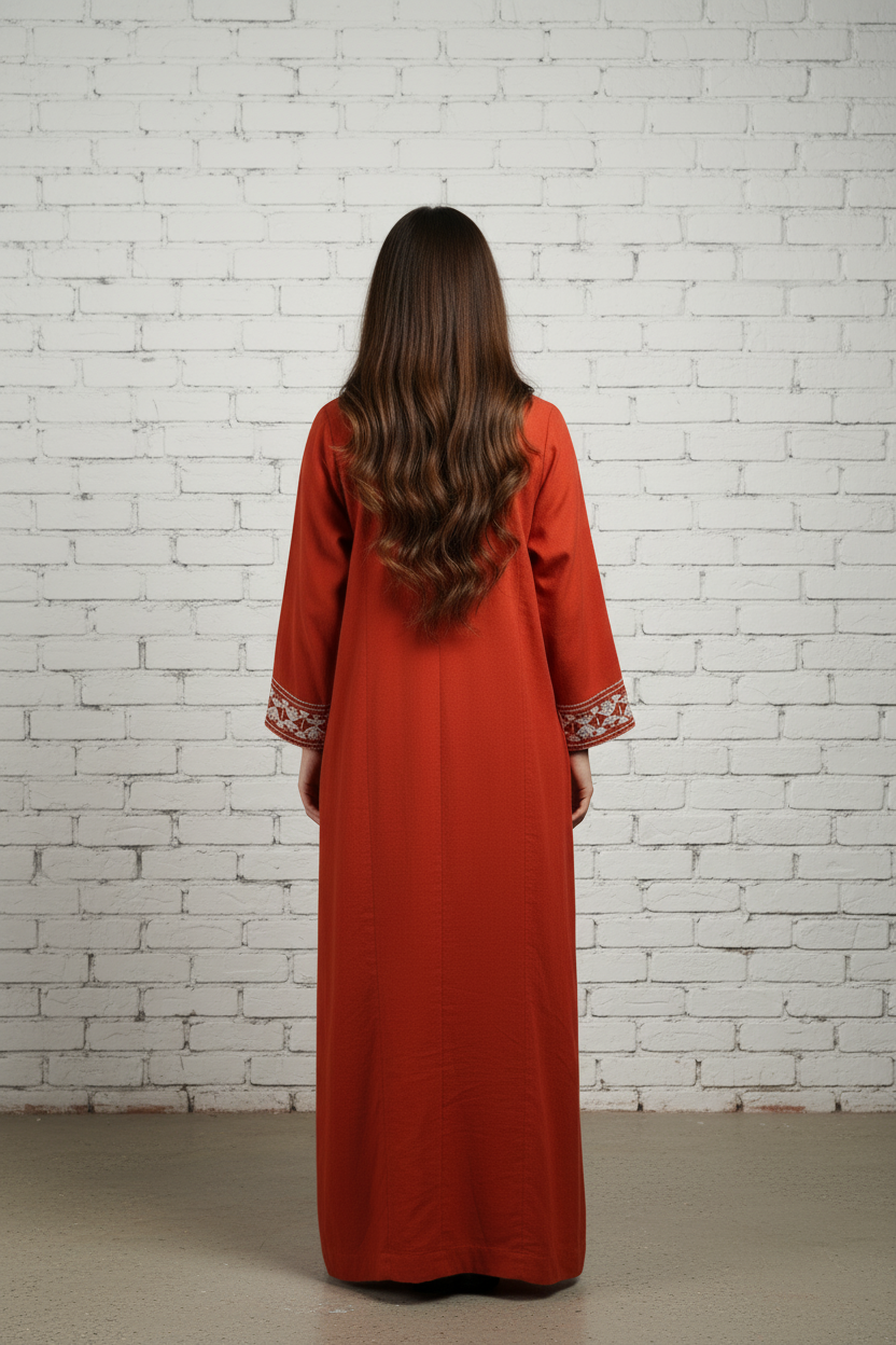 Burnt Orange Embroidered Satin Kaftan