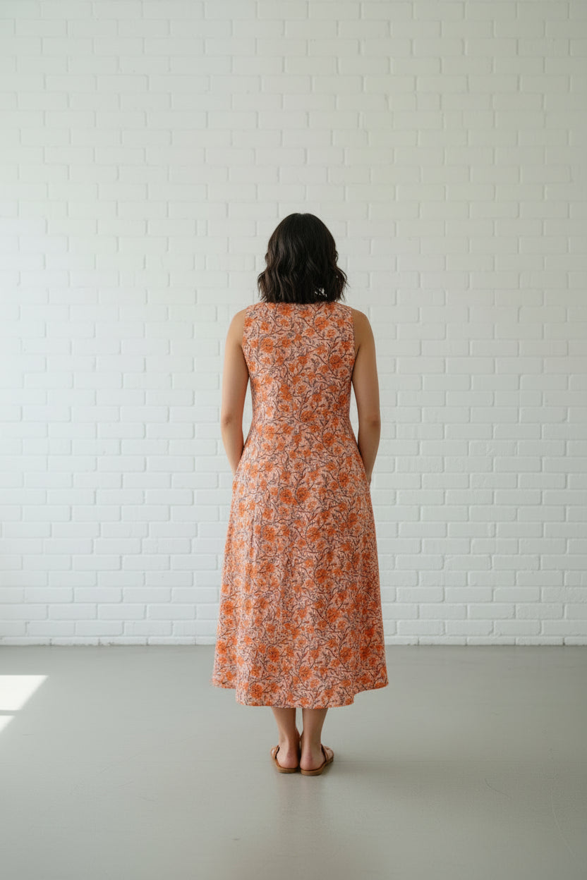 Orange Flower Print Flare Dress — Ease of Wear Dubai