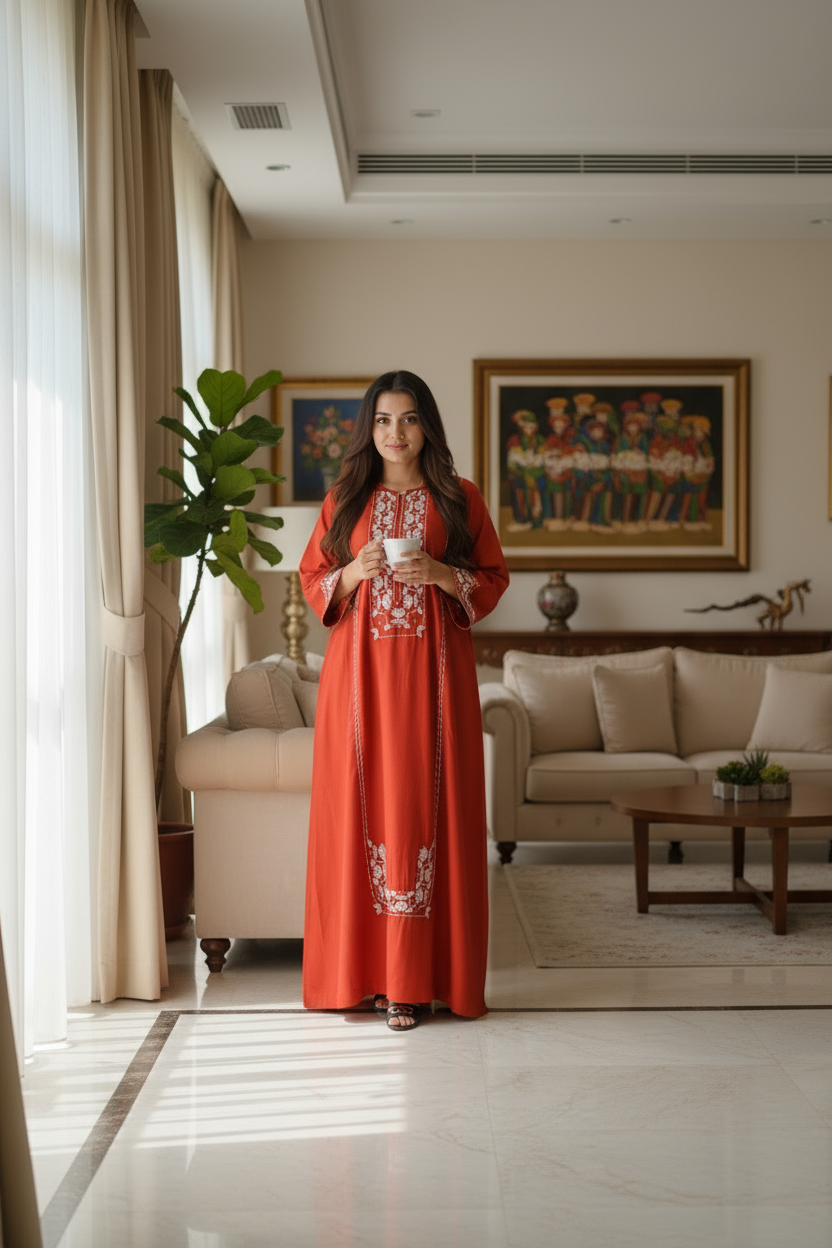 Burnt Orange Embroidered Satin Kaftan