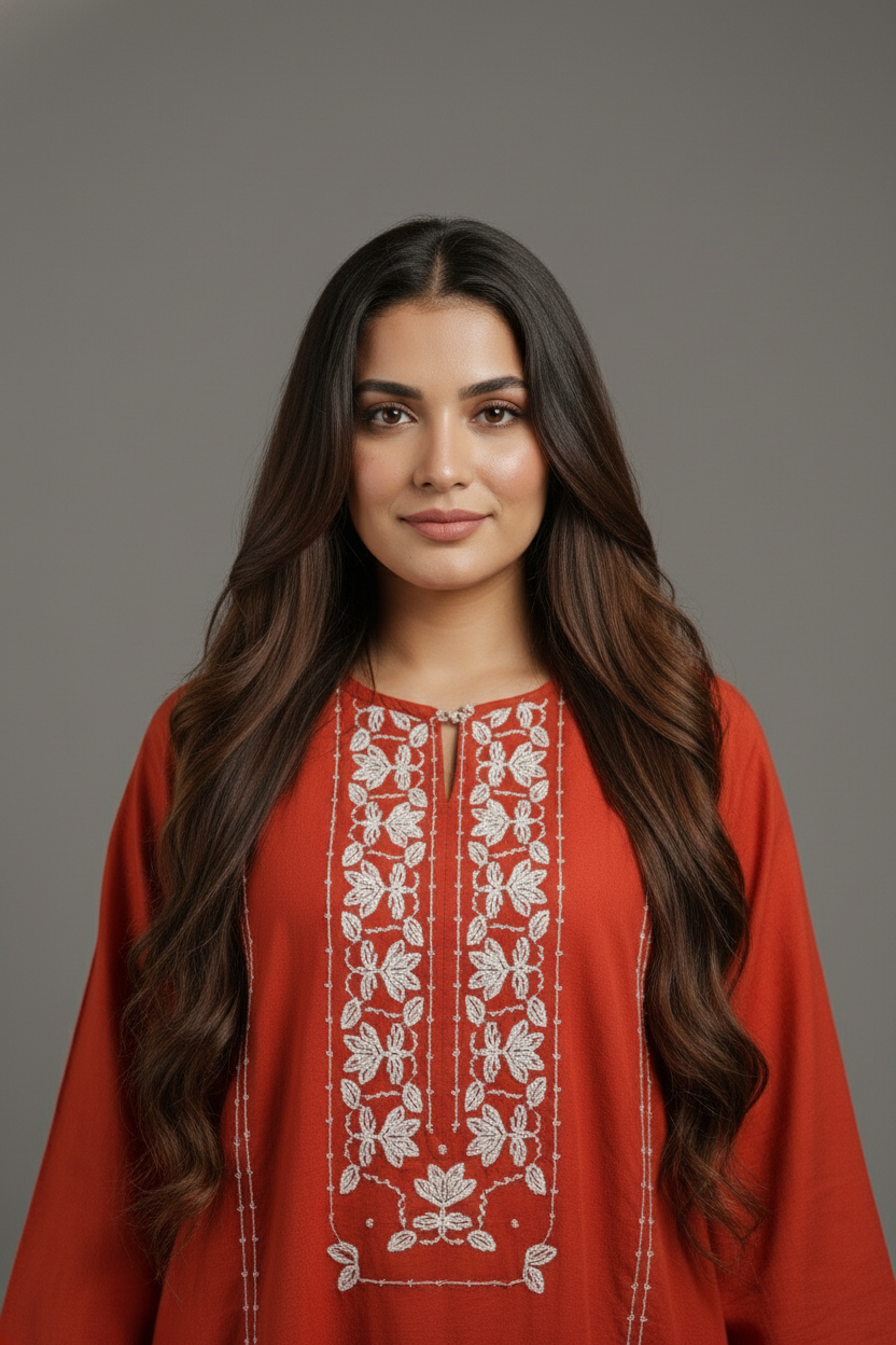 Burnt orange embroidered satin kaftan dress Dubai — Ease of Wear