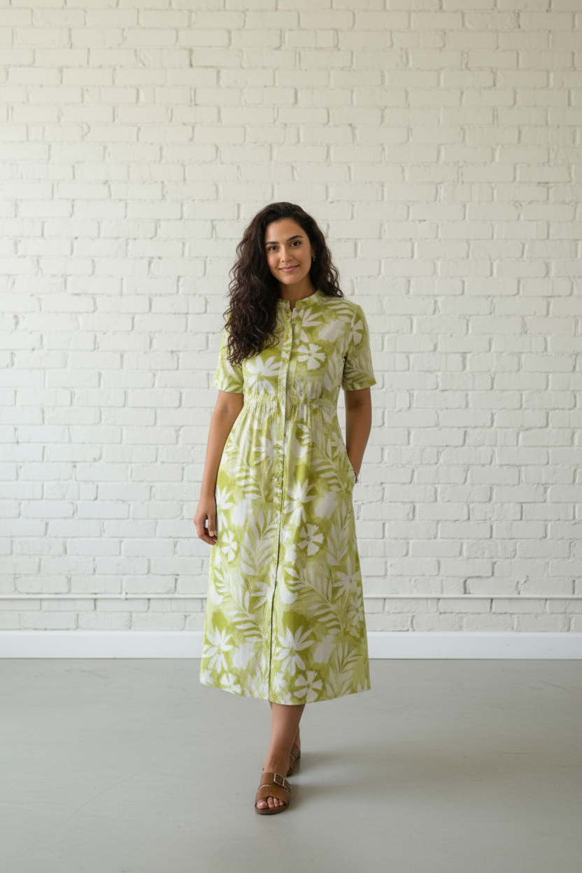 Green Cotton Muslin Midi Dress