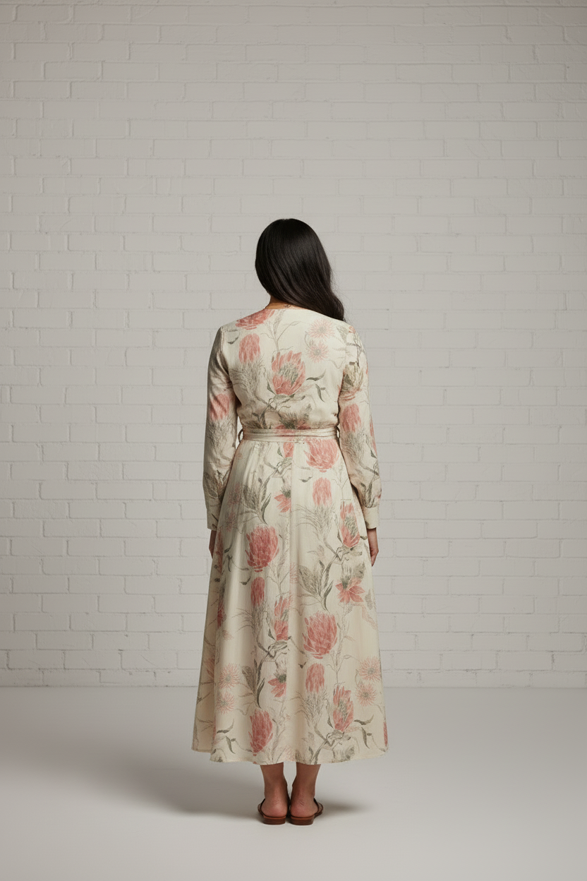 Oatmeal Floral Print V Neck Dress