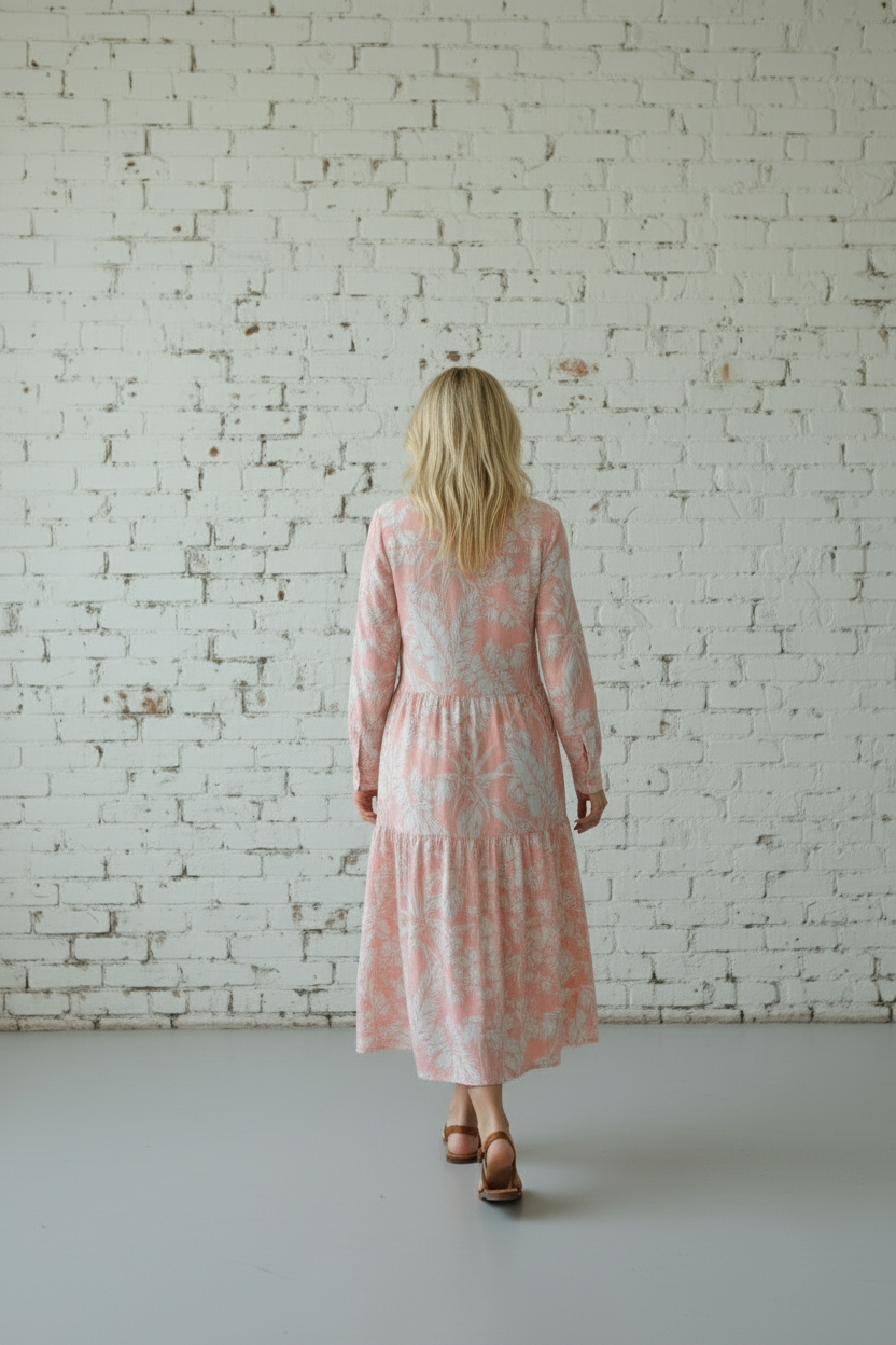 Peach Printed Cotton Muslin Long Dress