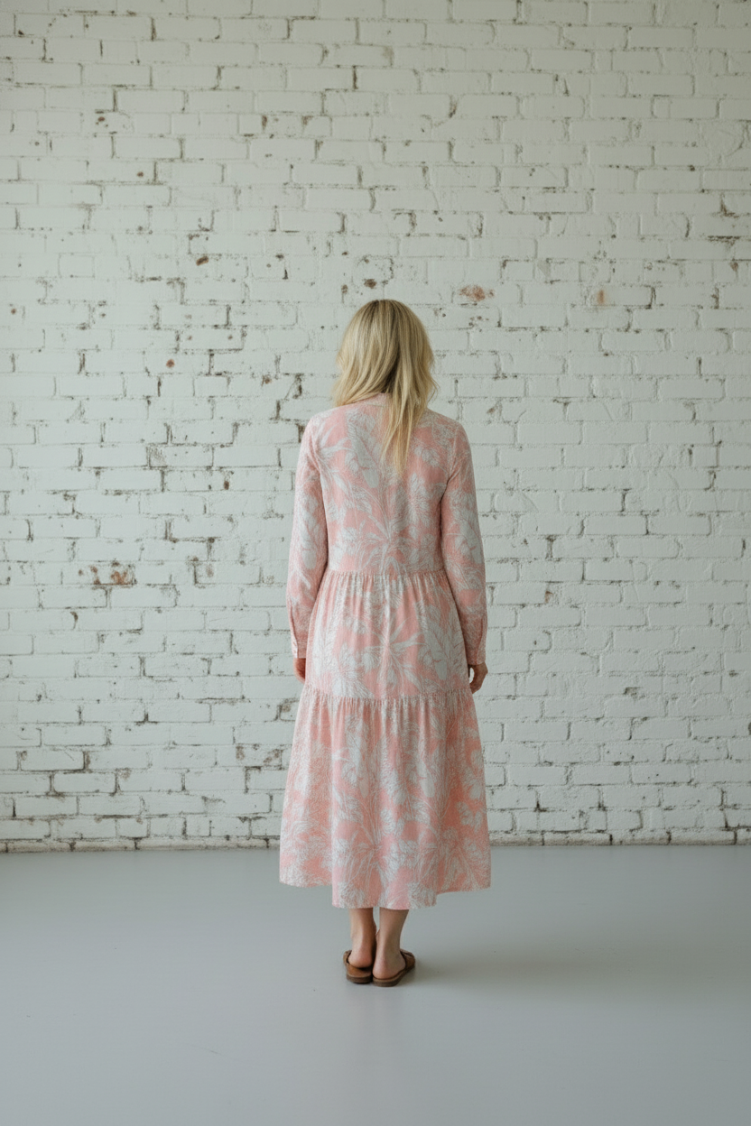 Peach Printed Cotton Muslin Long Dress