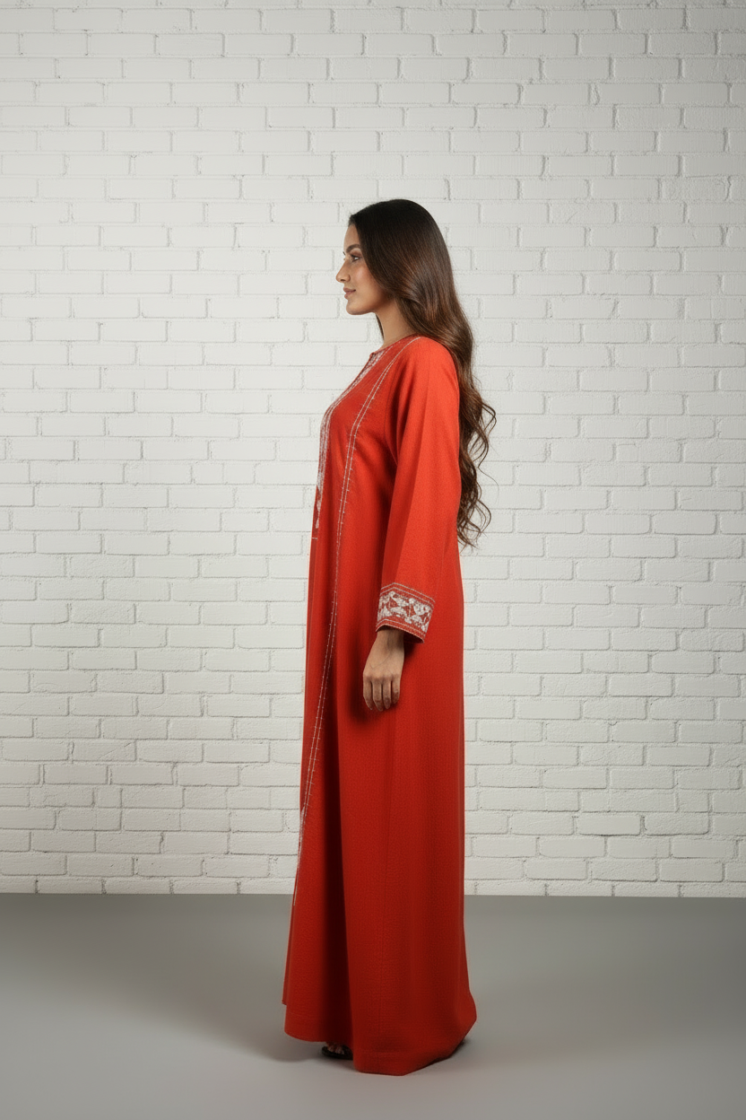Burnt Orange Embroidered Satin Kaftan