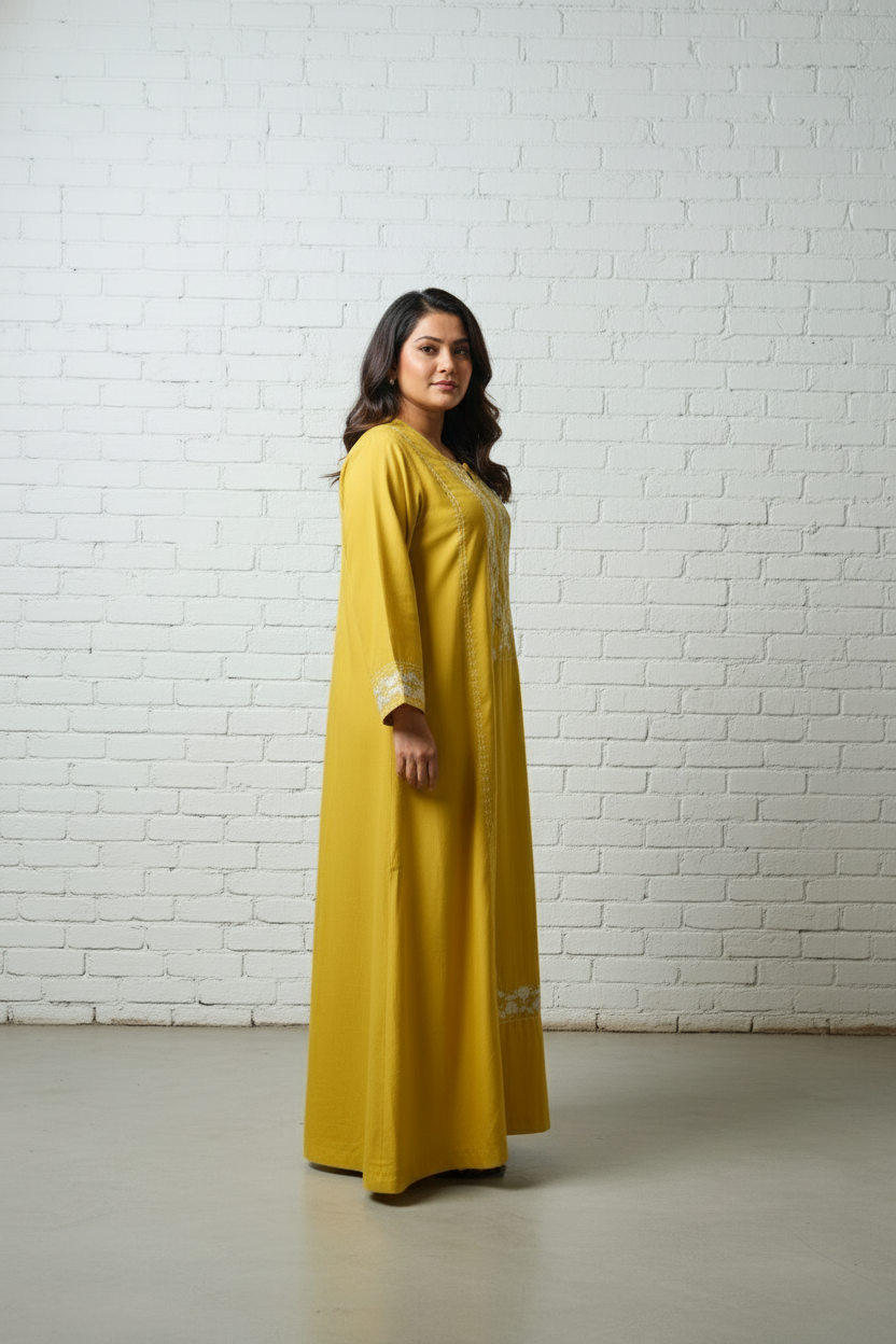 Mustard embroidered satin kaftan dress Dubai — Ease of Wear