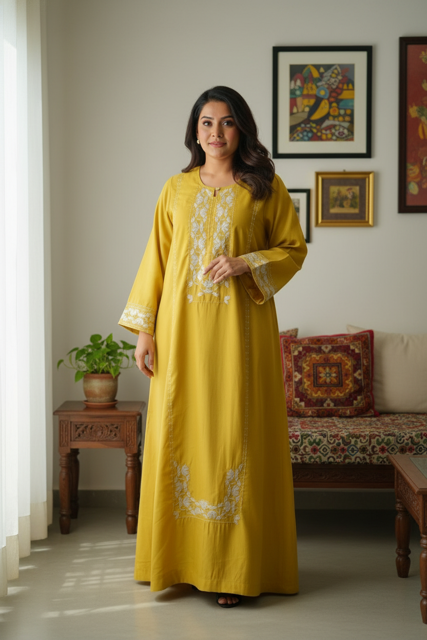 Mustard Embroidered Satin Kaftan