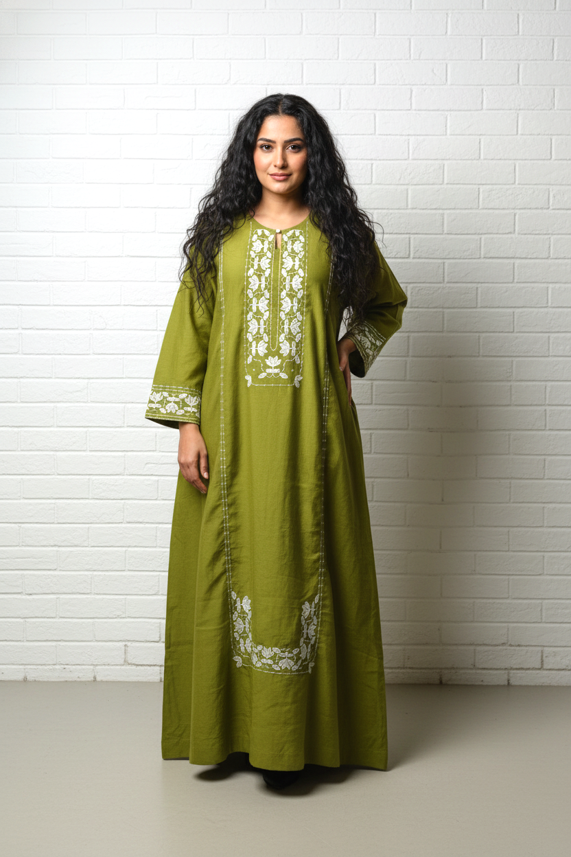 Olive Embroidered Satin Kaftan
