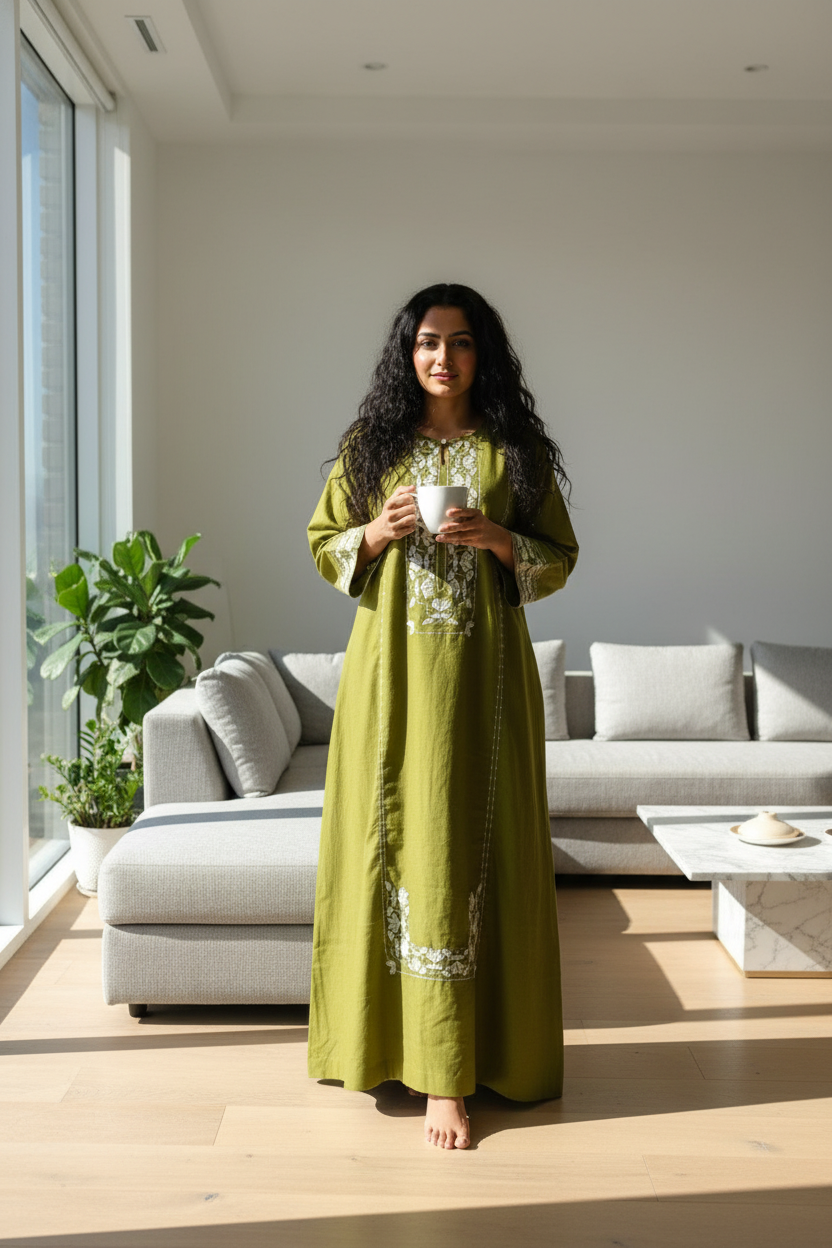 Olive Embroidered Satin Kaftan