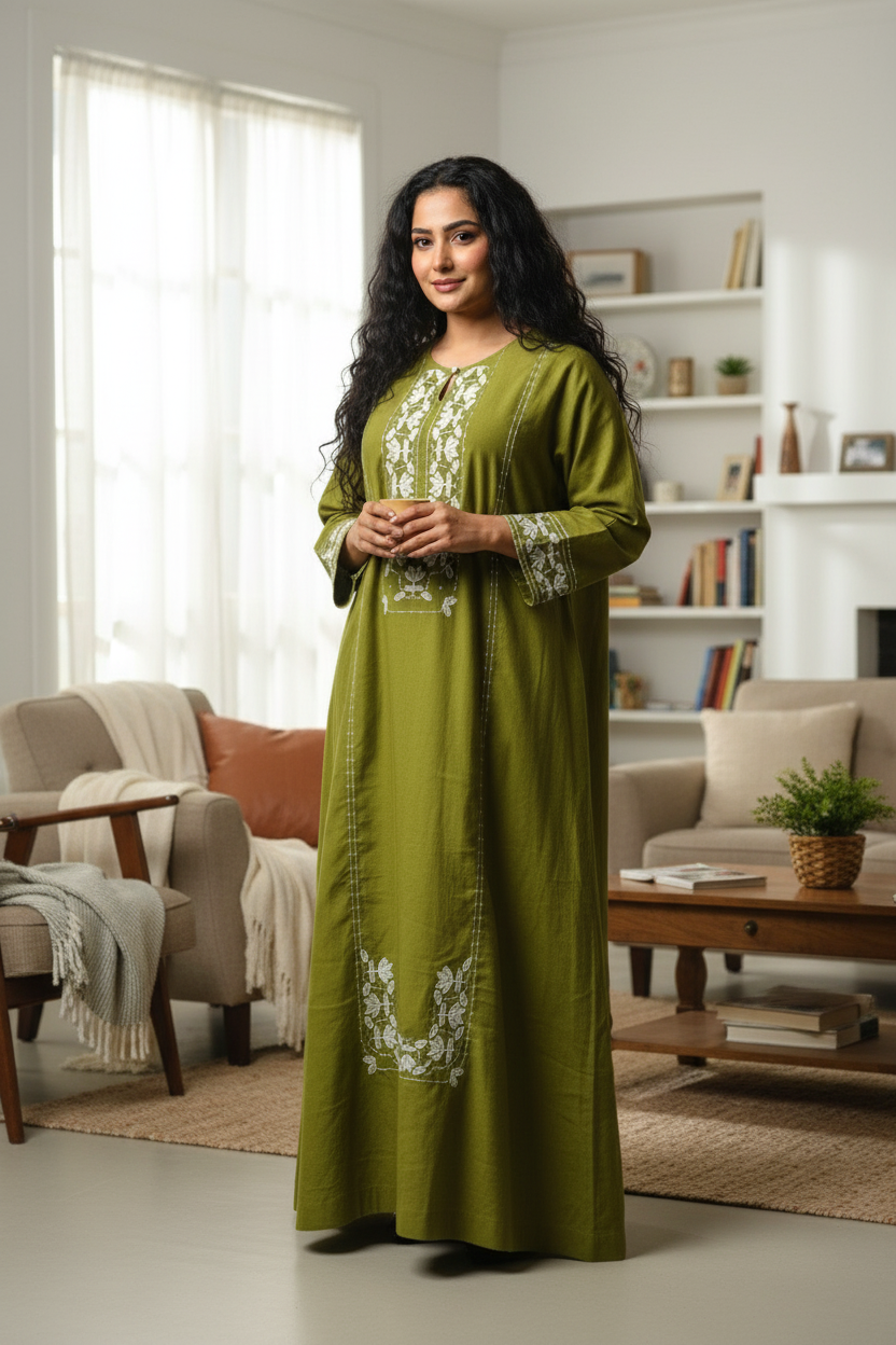 Olive Embroidered Satin Kaftan