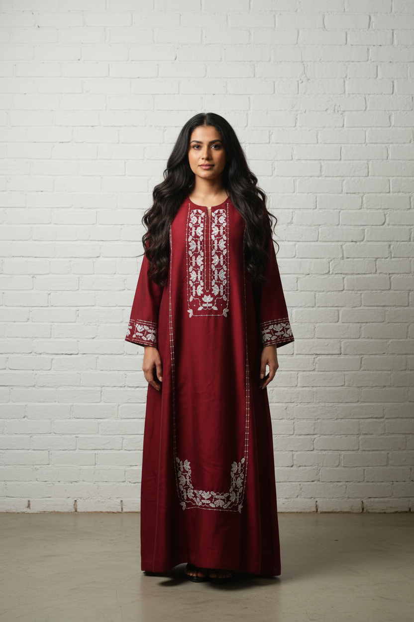 Maroon Embroidered Satin Kaftan