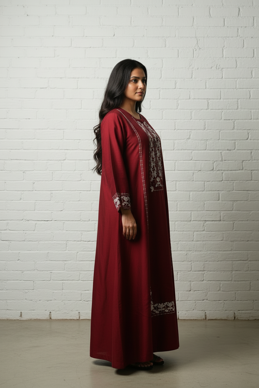 Maroon embroidered satin kaftan dress for women Dubai — Ease of Wear