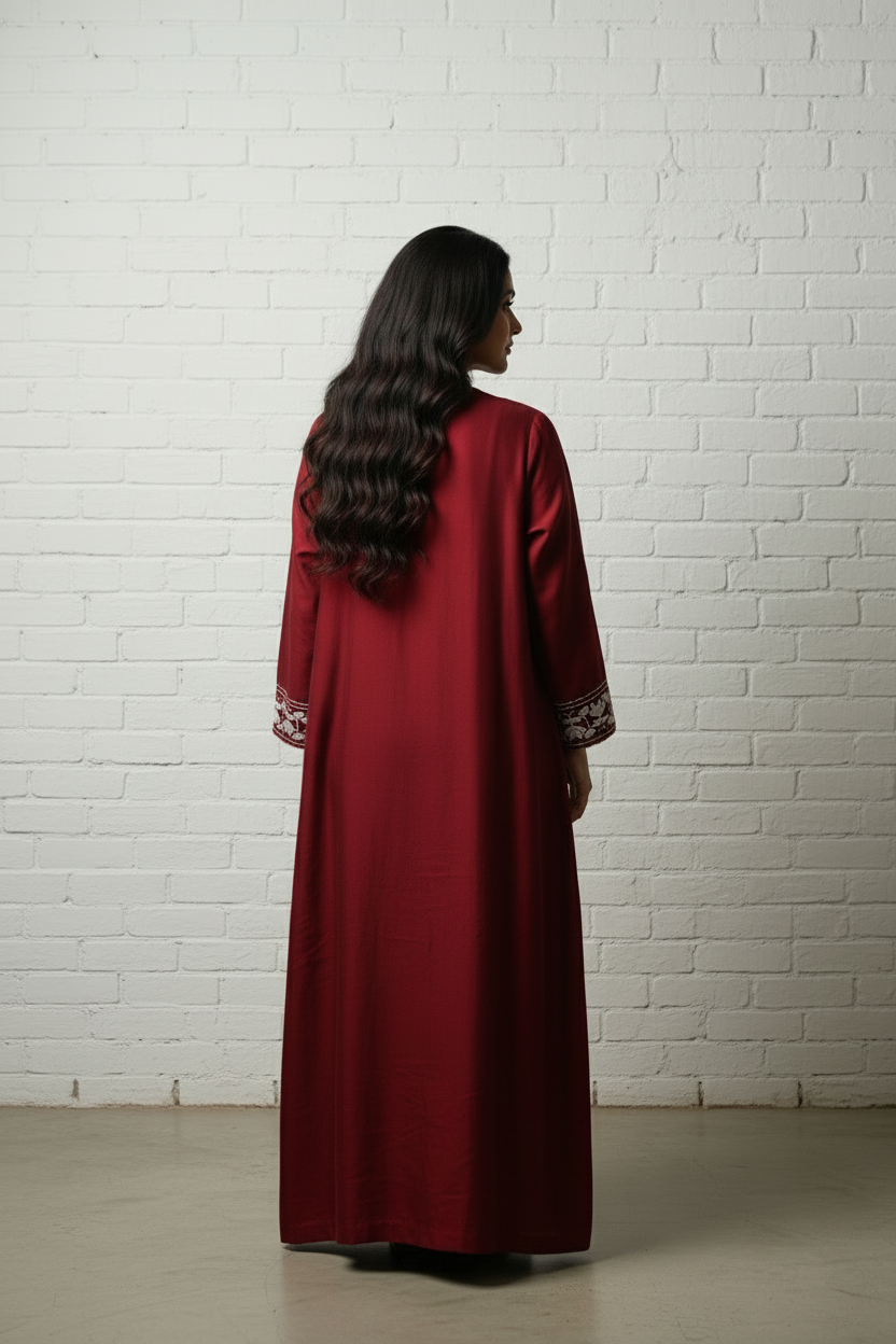 Maroon embroidered satin kaftan dress Dubai — Ease of Wear